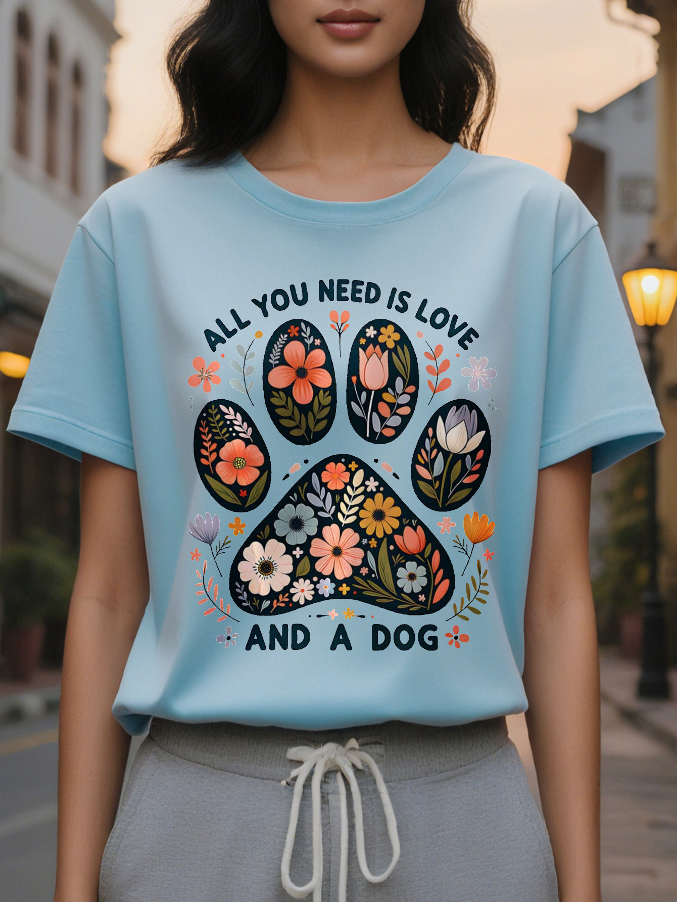 Women's Funny Pet Lover All You Need Love and Pattern T-Shirt White Shirt with Floral Paw Print Lightweight