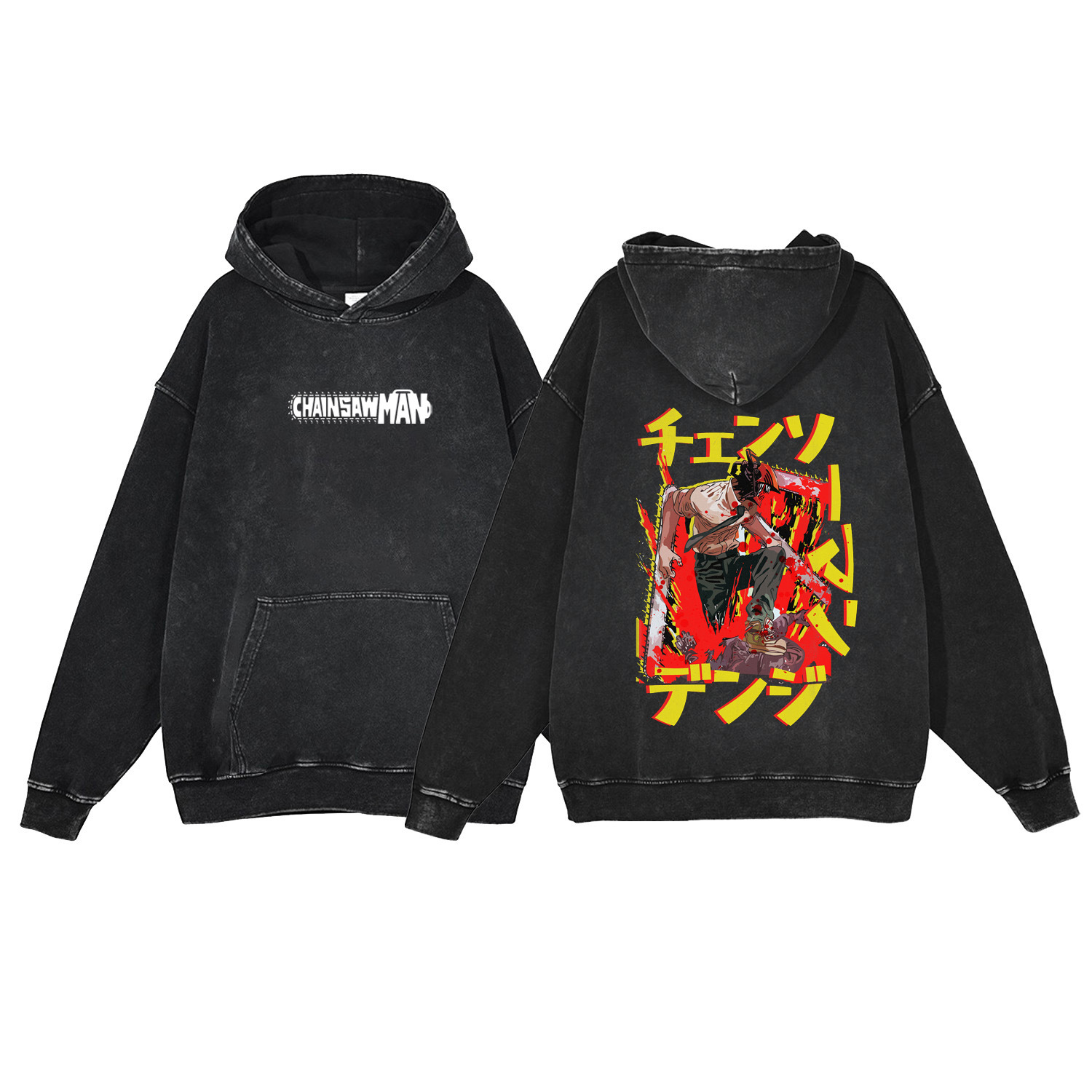 Washed Denim Look Chainsaw Man Cartoon Cotton Sweatshirt with Hood - VT1554
