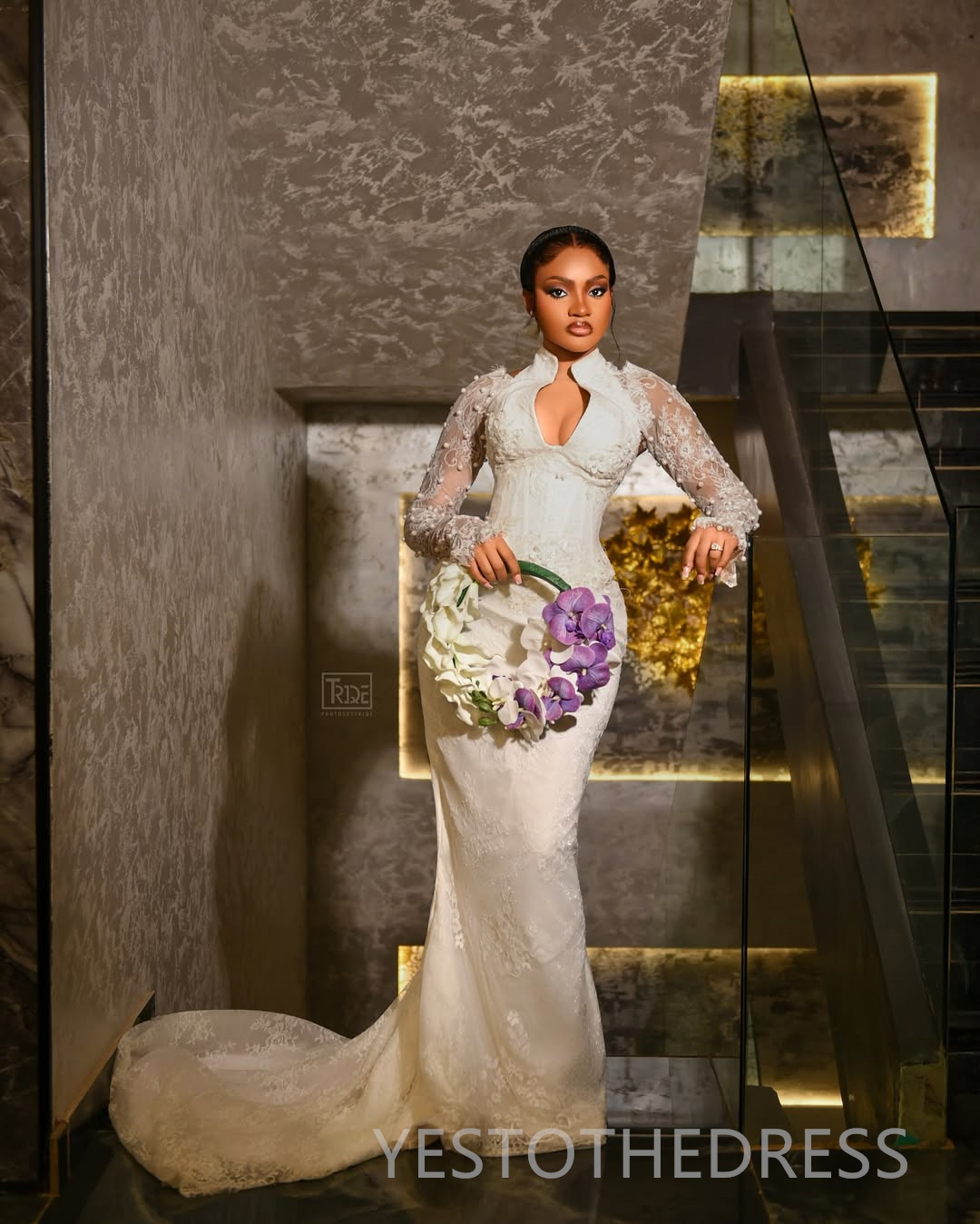 2025 Aso Ebi African Wedding Dress Bridal Gowns For Bride Mermaid Wedding Gowns High Neck Long Sleeves Pearls Beaded Lace Rhinestones Bridal Dress D63