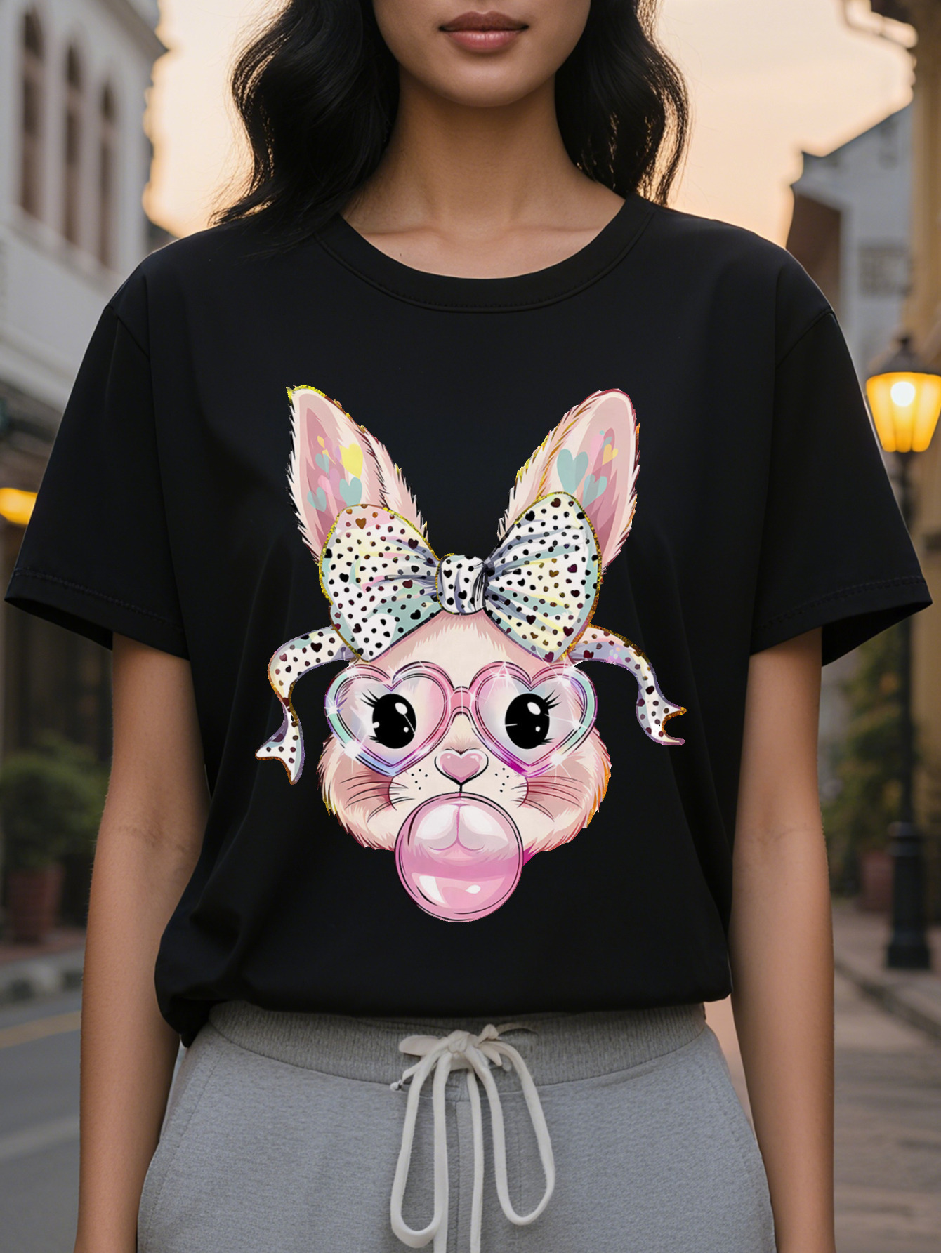 Women s Bubble Rabbit Easter Pattern Short Sleeve T Shirt Interesting Polka Dot Design with Glasses and Bow Breathable