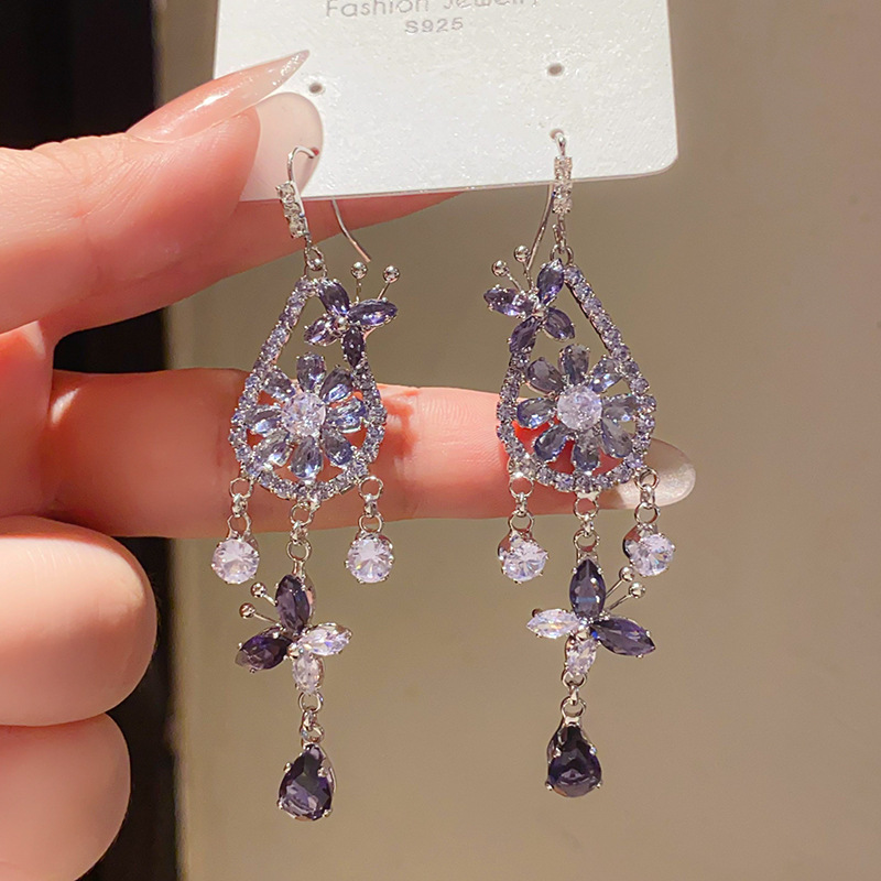 Silver Tone Purple Crystal Butterfly & Floral Hook Earrings With Teardrop Tassel Detail Elegant Glamorous Style Party Wear Gift For Her Sparkling Jewe