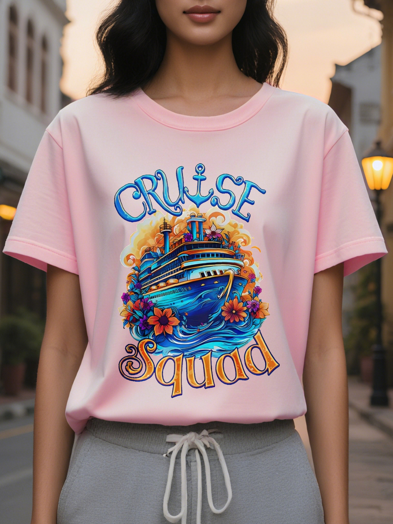 CRUISE American Printed Pattern Spring and Summer New Fashion Round Neck T-shirt Slim Fit Slimming Women's Short Sleeve