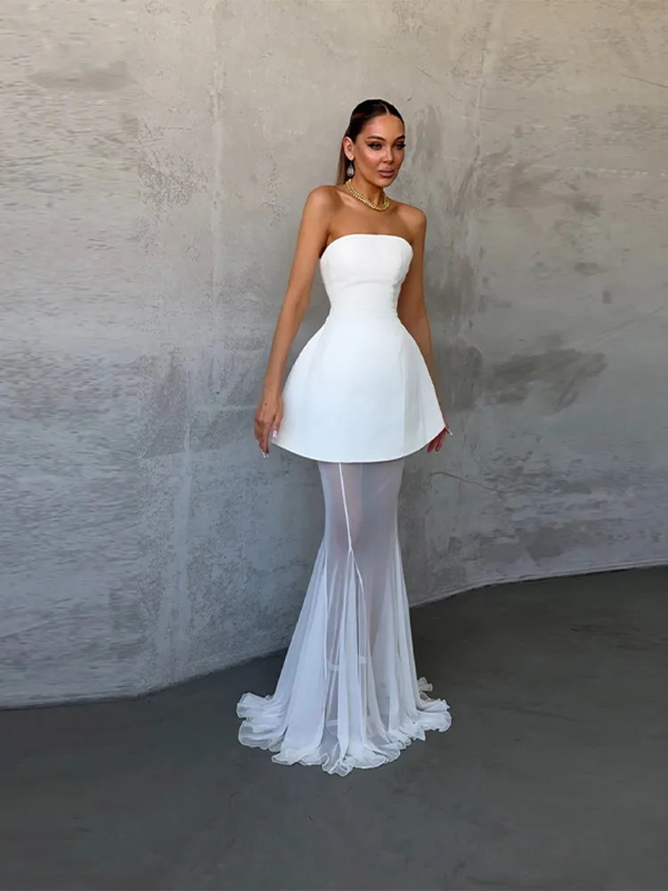 Elegant Womens Lace Maxi Skirt Set Strapless Open Back Short Dress Sheer Mesh Long Skirts Lady Party Festival Outfit 250904