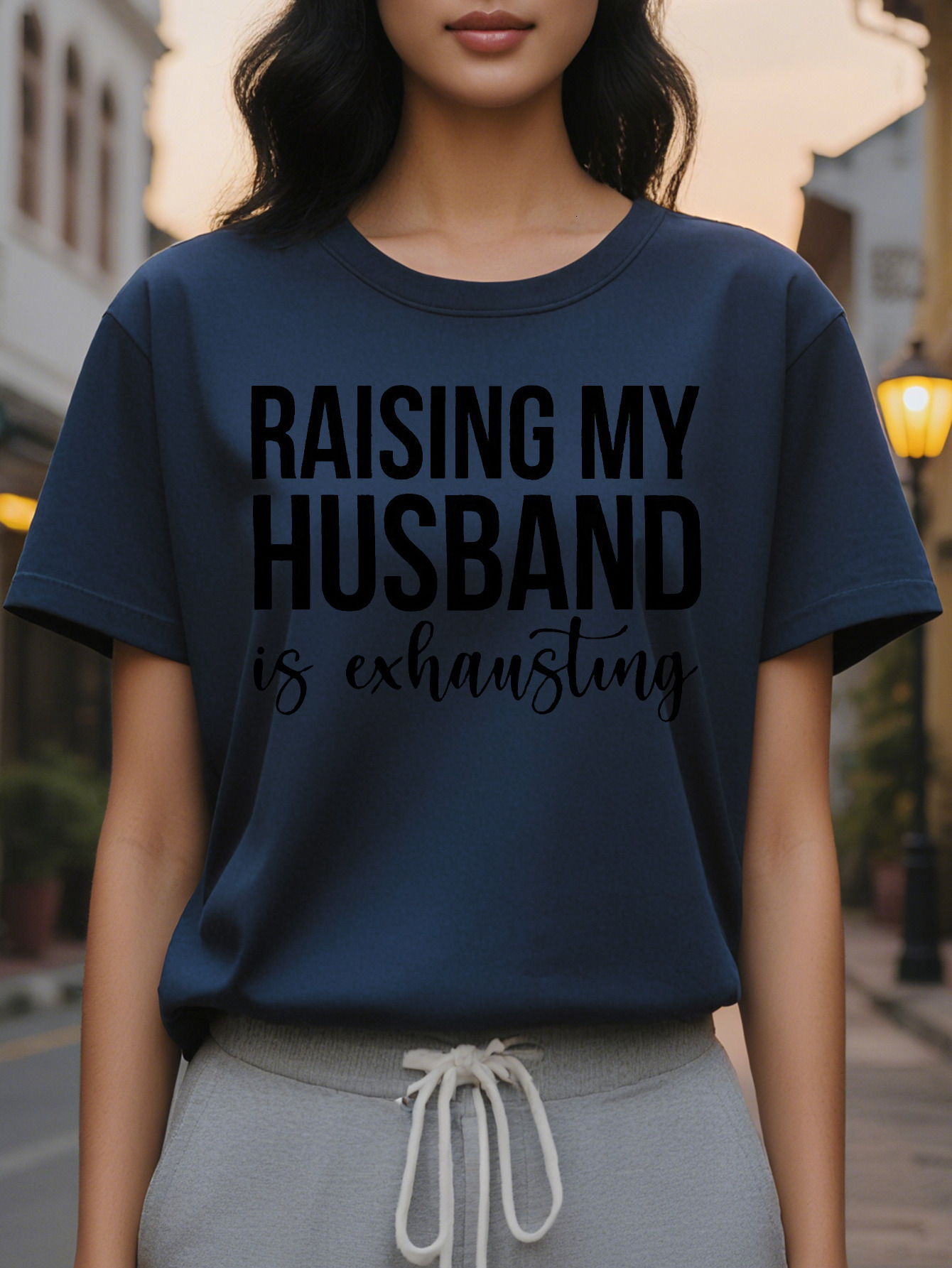 Large XL Women's Raising My Husband Is Exhausting Graphic T-Shirt Soft Stretchy Summer Tee with Bold Text Print Round Neck Plus Size