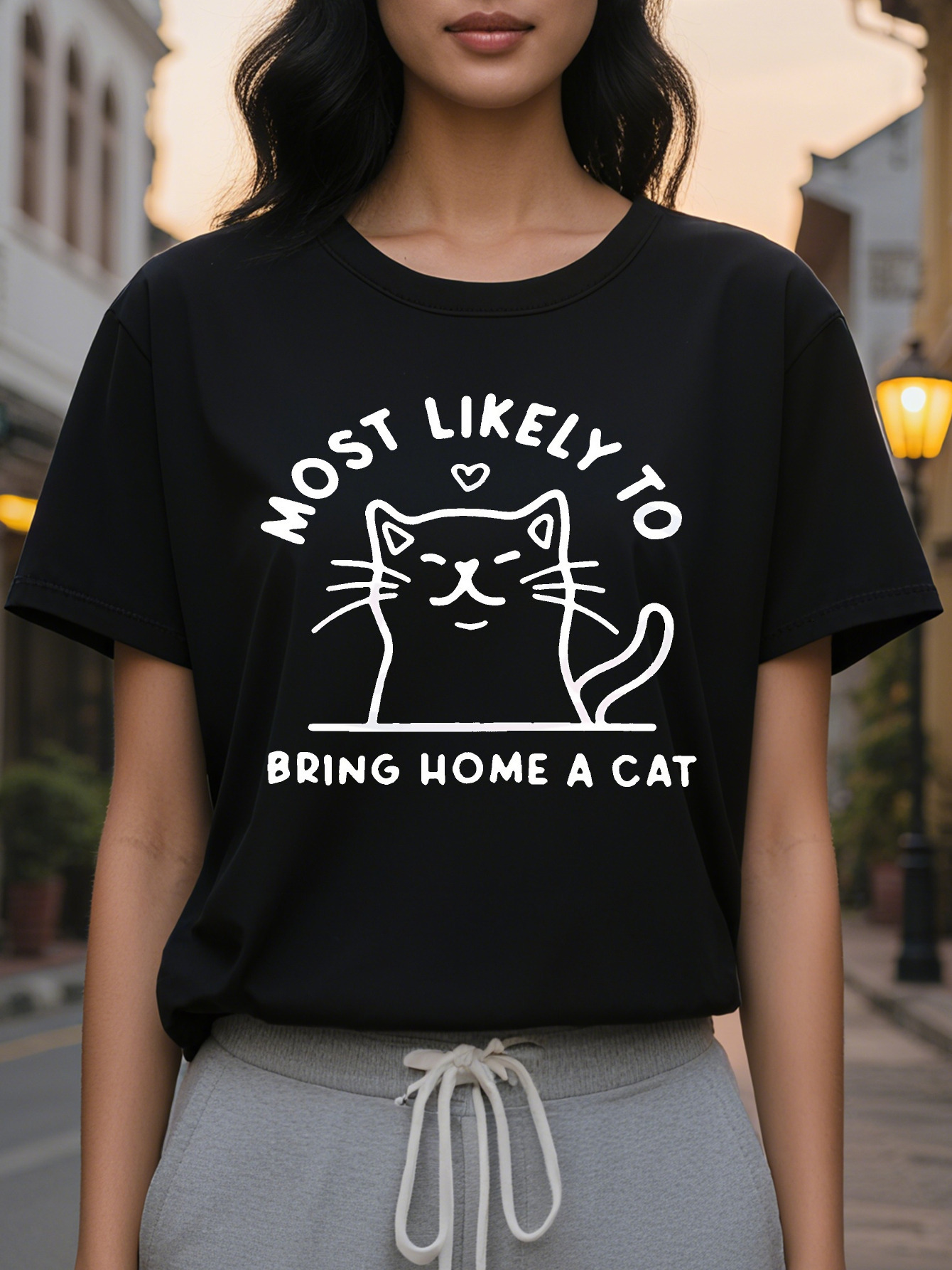 Lovely Cat Letter Print T-Shirt Casual Round Neck Short Sleeve Top Spring and Summer Women's Clothing