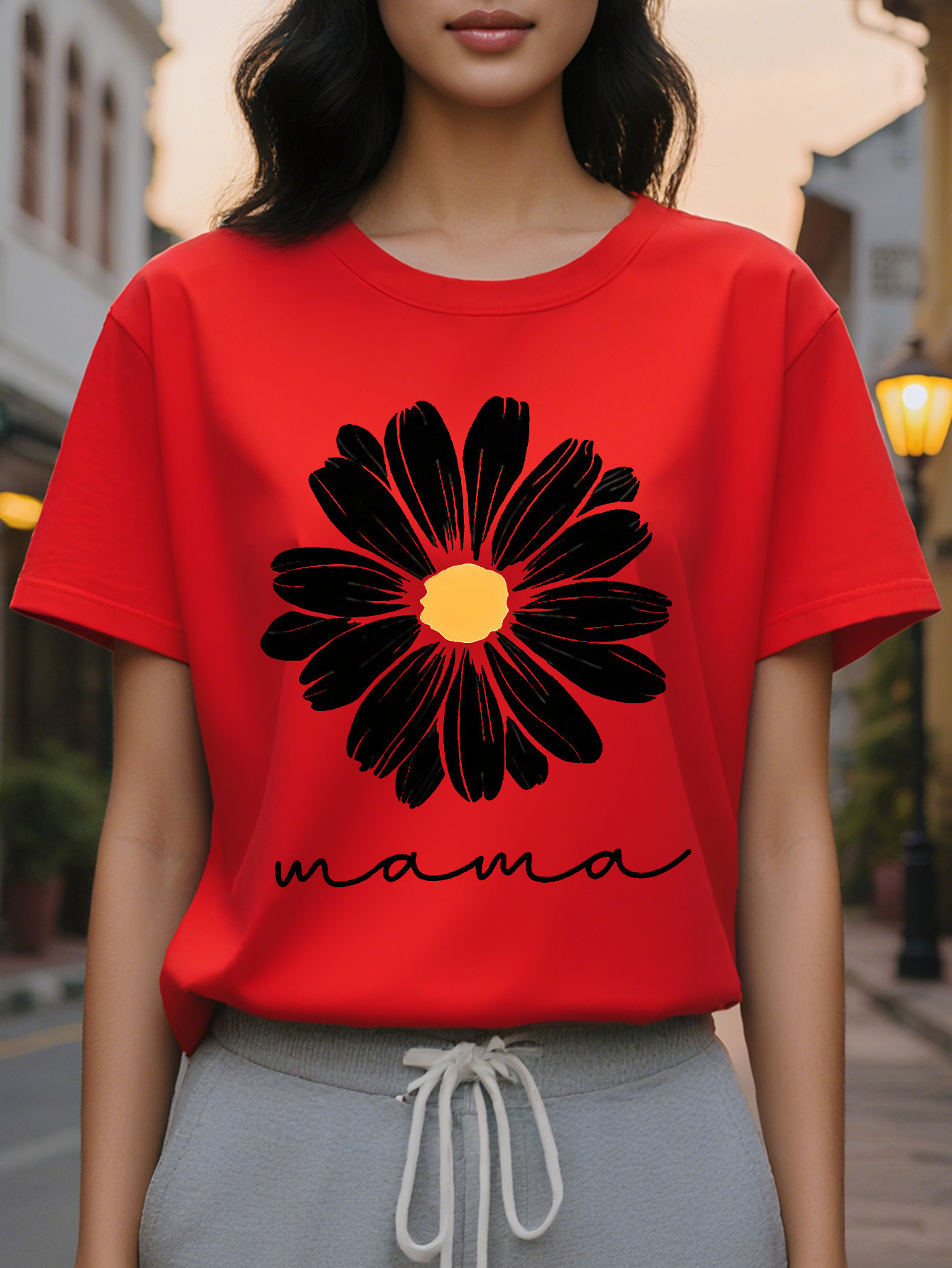 Mother's Short Sleeve T-Shirt Bright Orange Slim Crew Neck Jacket Black Flower Cursive Letter Printing Translucent