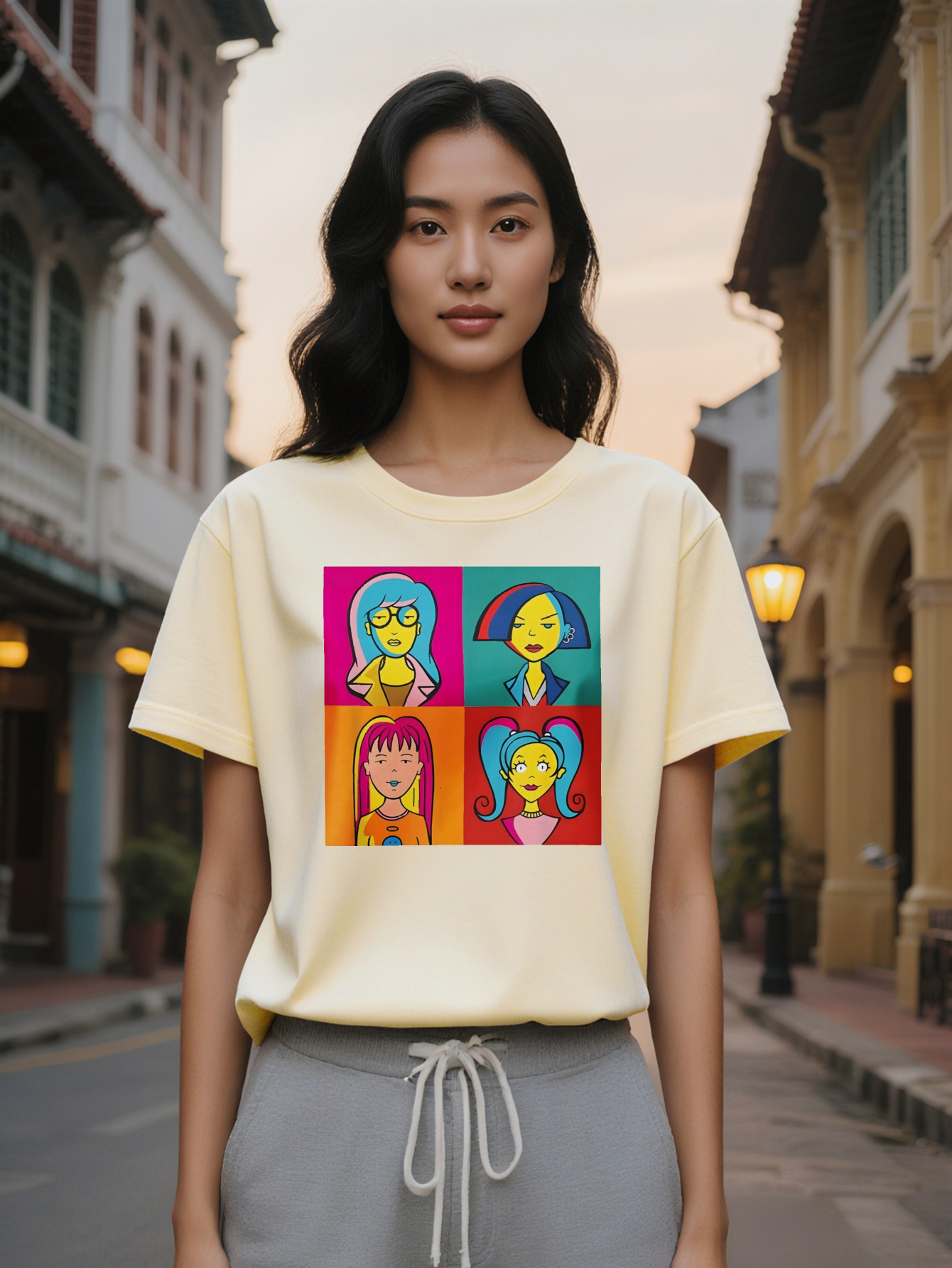 Large XL Graphic Print Round Neck T-Shirt Black with Color Cartoon Character Design Summer Breathable Tee Washable Plus Size