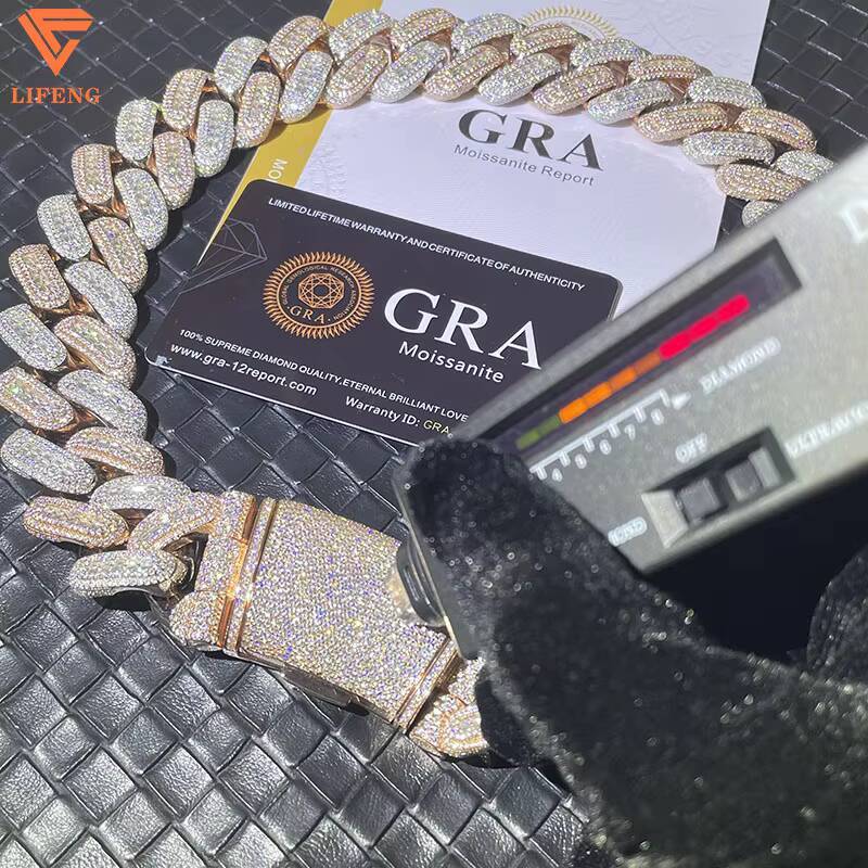 TwoTone Cuban Link Chain 26mm 2row VVS Moissanite Diamond 925 Sterling Silver Cuban Charm Necklace for Men Hip Hop Fine Jewelry