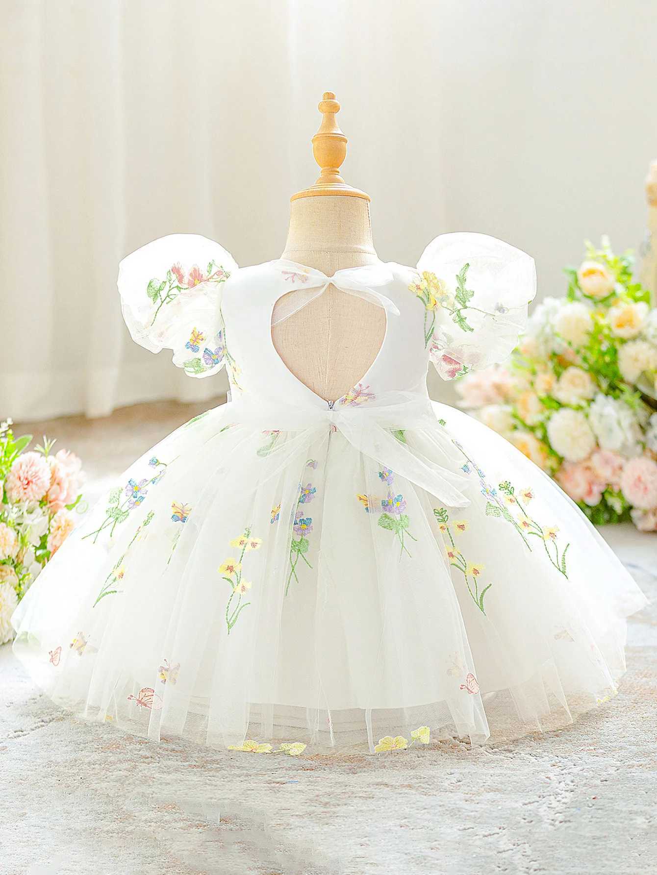 Toddler Embroidery Flower Baptism Party Baby Girl Dress Elegant 1 Yrs Birthday Princess Prom Dress Girl Wedding Bridesmaid Gown Z250904
