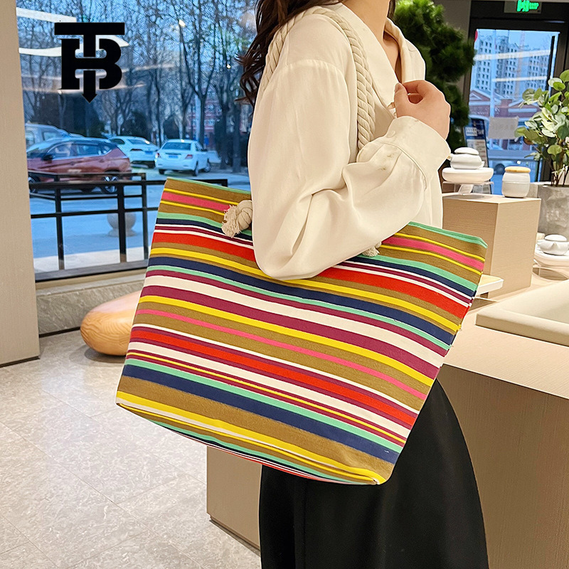 TB BHULAMTE Cross-Border New Designer s bag Canvas Large Capacity Tote Bag Ethnic Style Striped Thick Rope Shoulder Bag for Work Commute Handbag for W