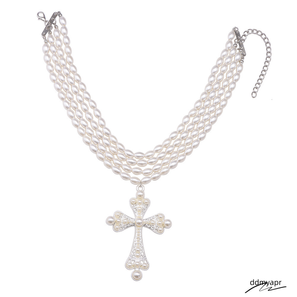 Cyberpunk Style Cross Fashion Exaggerated Ddmyday Micro-Set Imitation Pearl Layered Necklace Jewelry Ddmyday