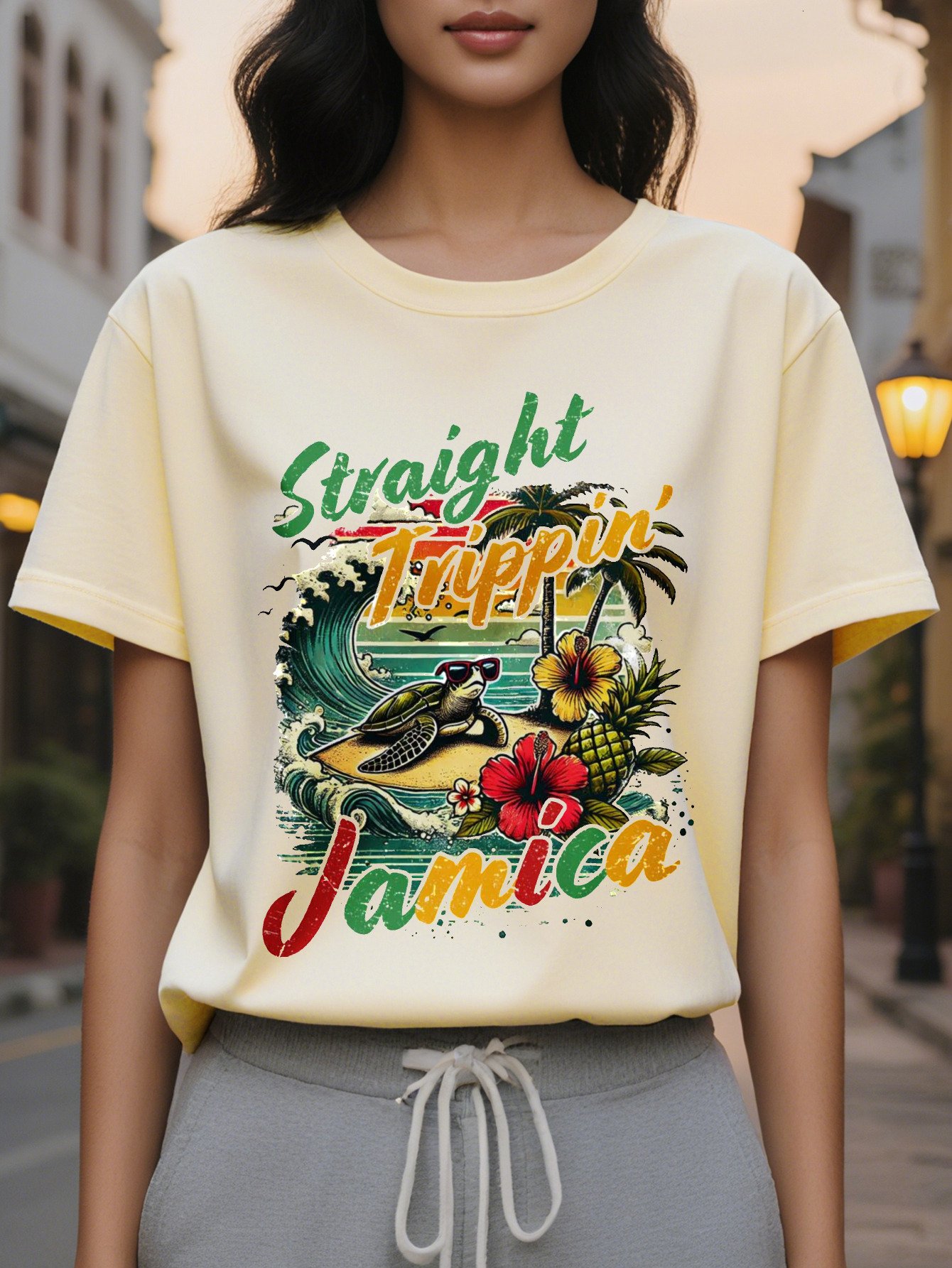 Women's elegant cuffs T-shirt, white tropical print with Straight Outta Taino Jamaica palm tree and wave design
