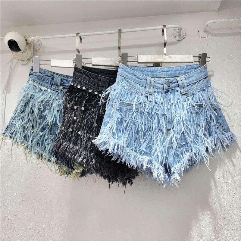 Women's Clothing New Heavy Dia Ostrich Feather Design Slim Tassel Fashionable Versatile Denim Shorts