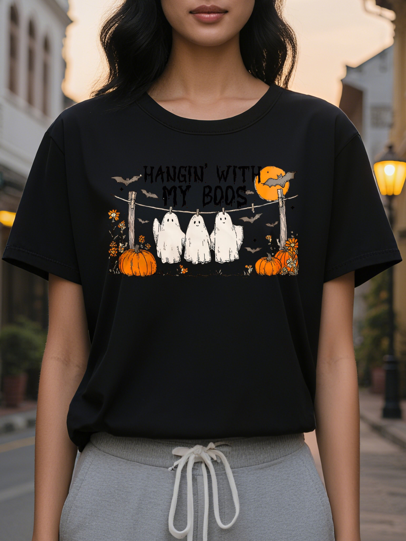 Large XL Women's T-Shirt Light Gray Ghosts Pumpkins Hanging with My Boos Graphic Tee Party Outfit Soft Round Neck Summer Shirt Plus Size