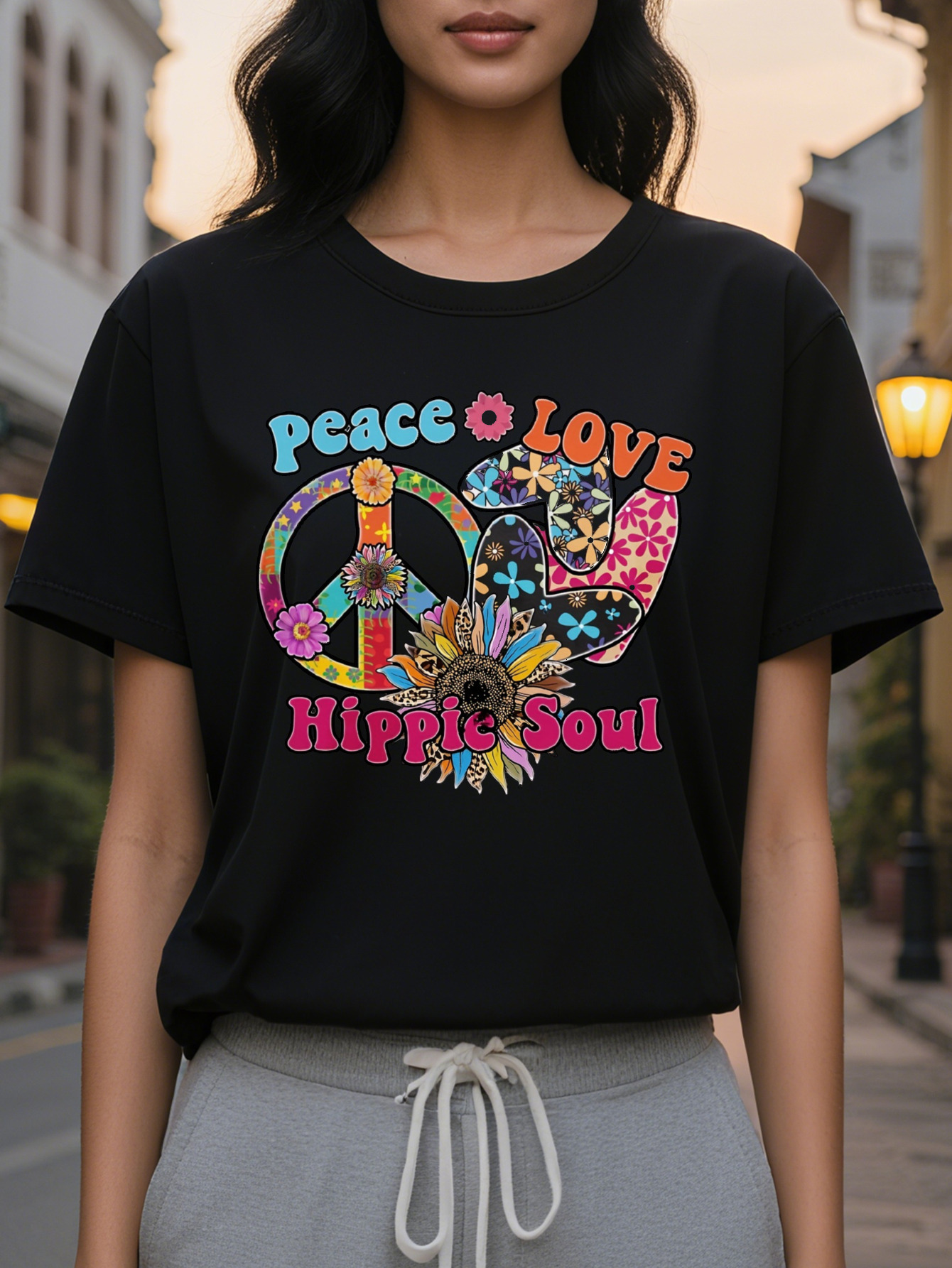 Women s Peace Love Hippie Soul T Shirt Retro Psychedelic Print Short Sleeve Round Neck Summer Casual Top, washable