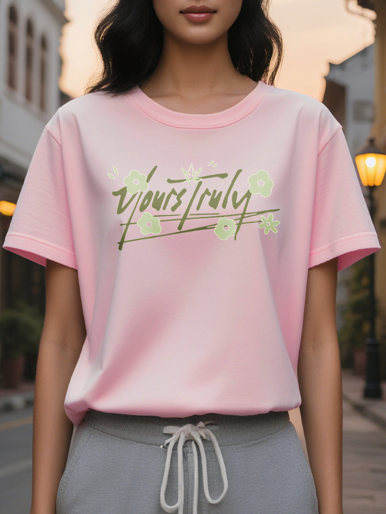 YOURSTRULY Ladies Casual Short Sleeved T Shirt Bright Pink Green Flower Letter Pattern Loose Round Neck Translucent