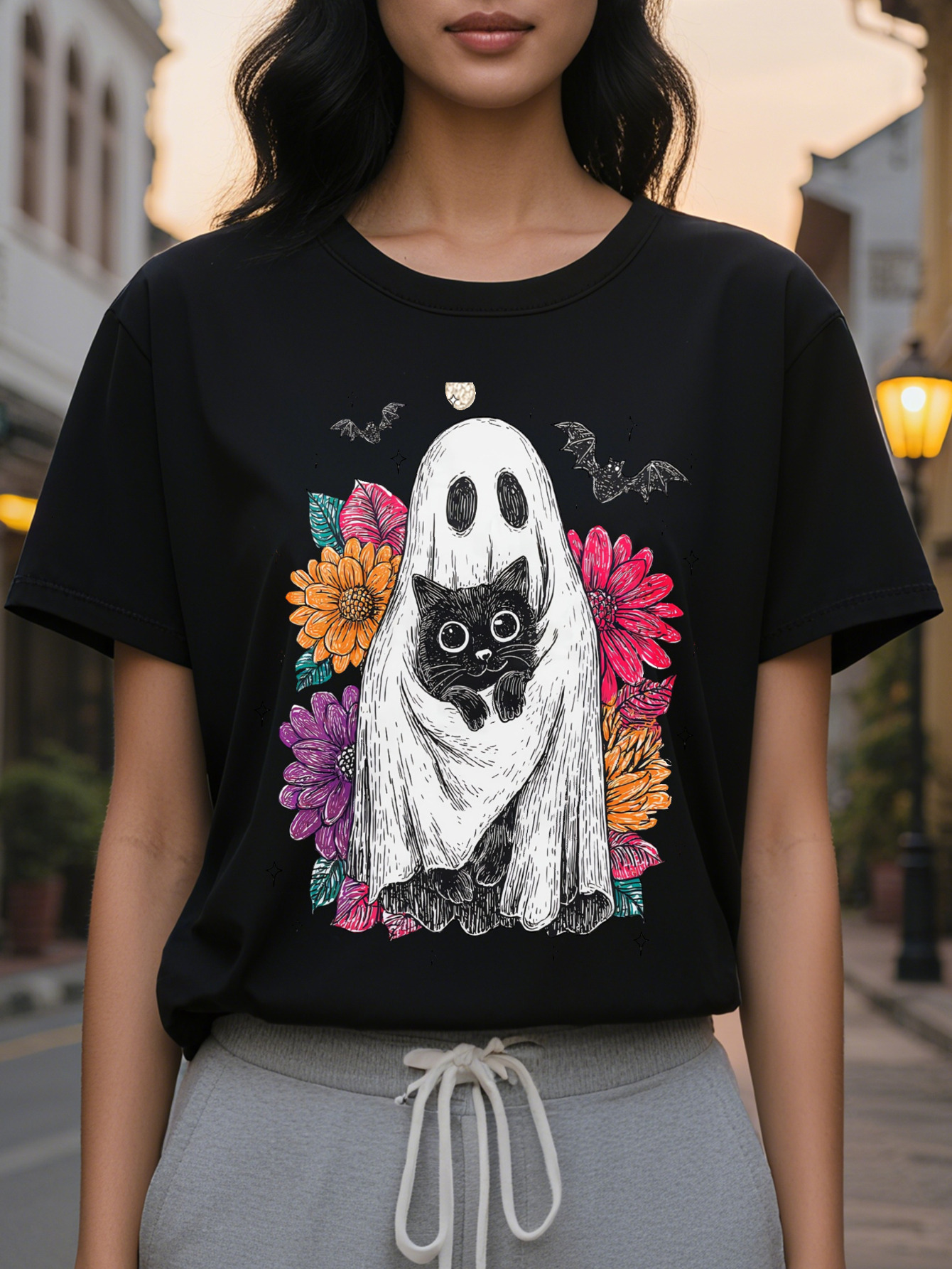 Large XL Women's Halloween Cute Black Cat Print T-Shirt Semi Sheer Round Neck Top with Bats Floral Design Spring Summer Plus Size