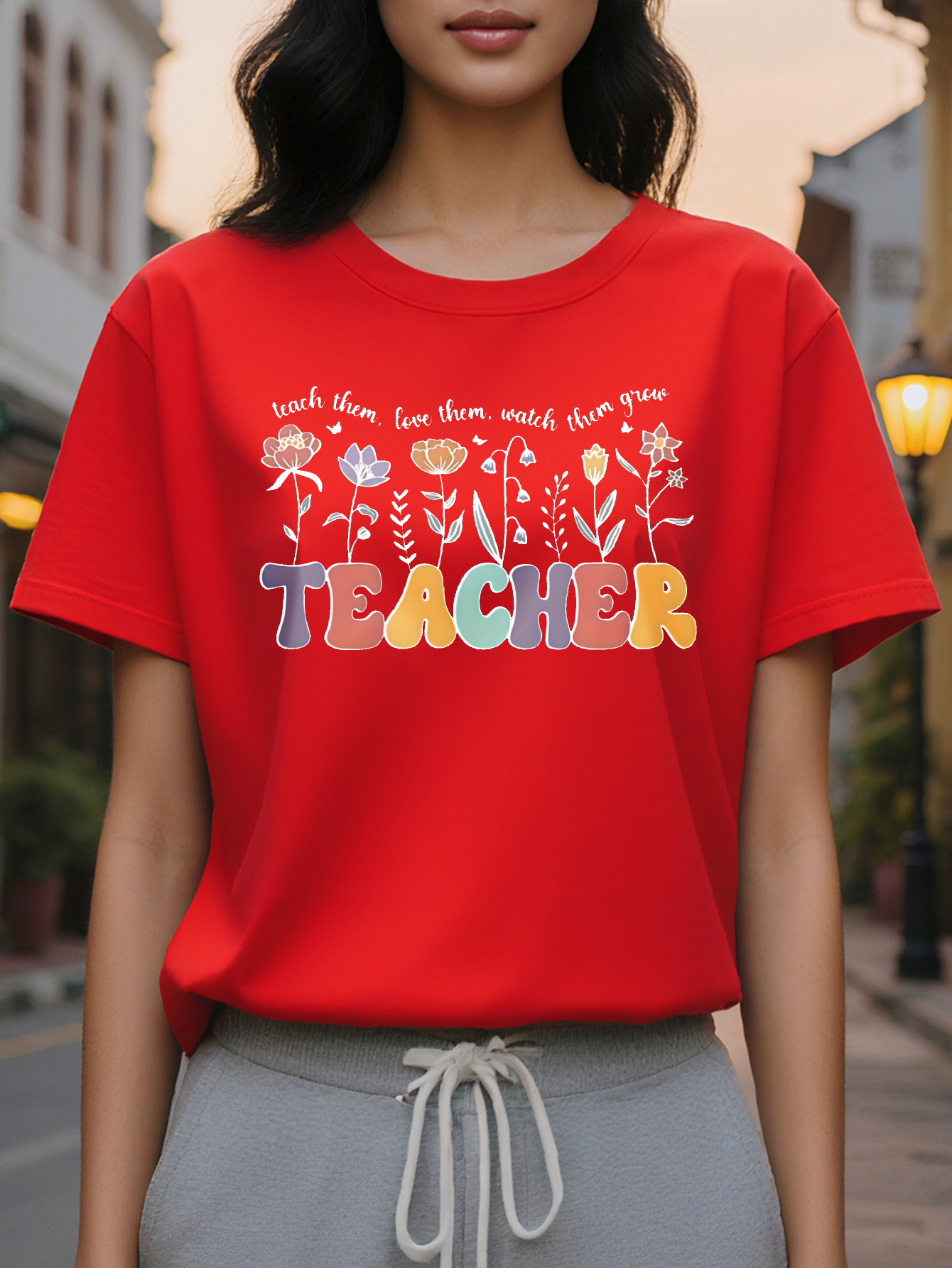 Women's TEACHER pattern T-shirt Distinctive short sleeved round neck casual top for spring and summer season black with