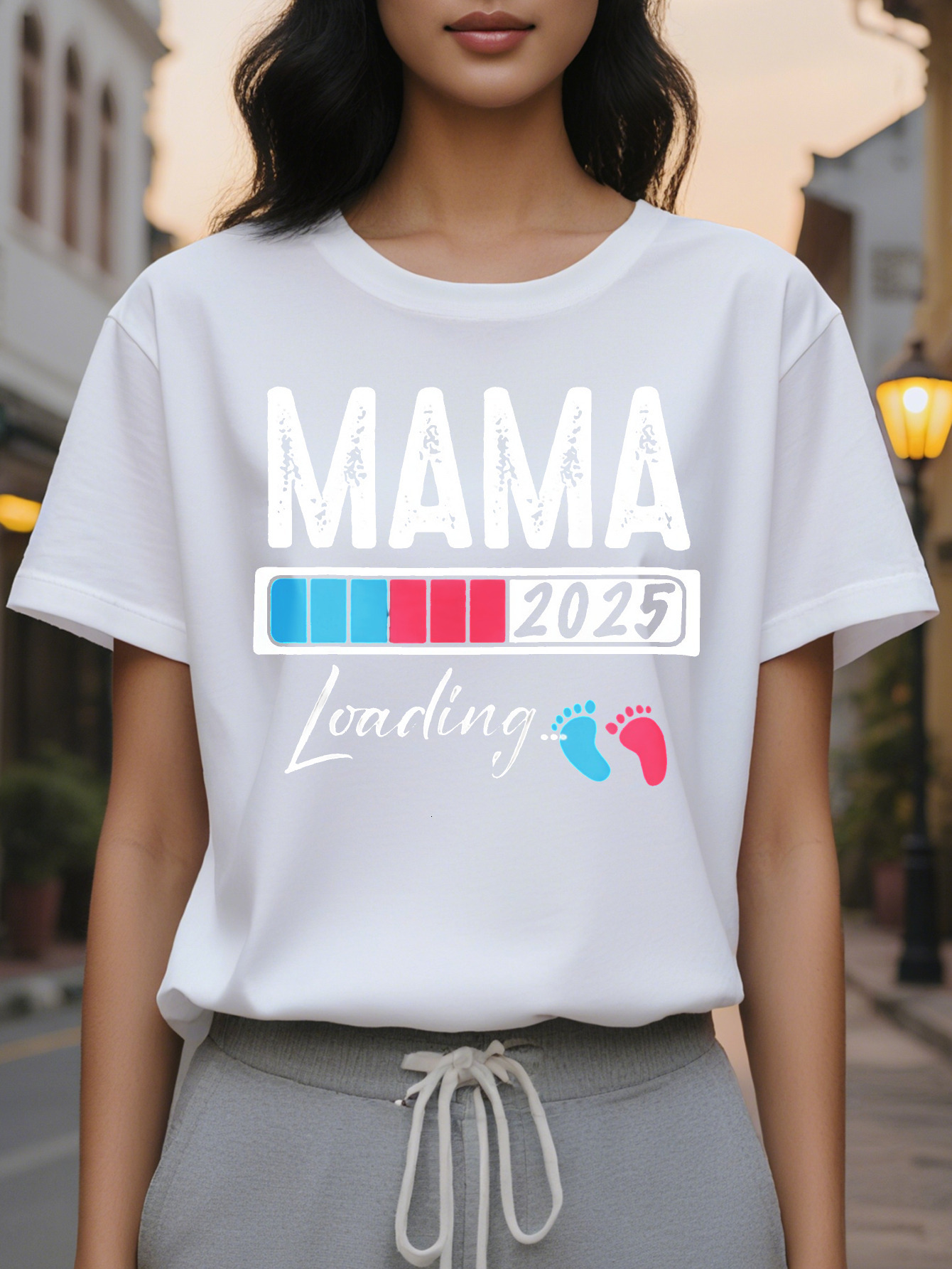 Large XL Women's Casual Short Sleeve Round Neck T-Shirt MAMA Leading Print Heather Gray Washable All Season Plus Size