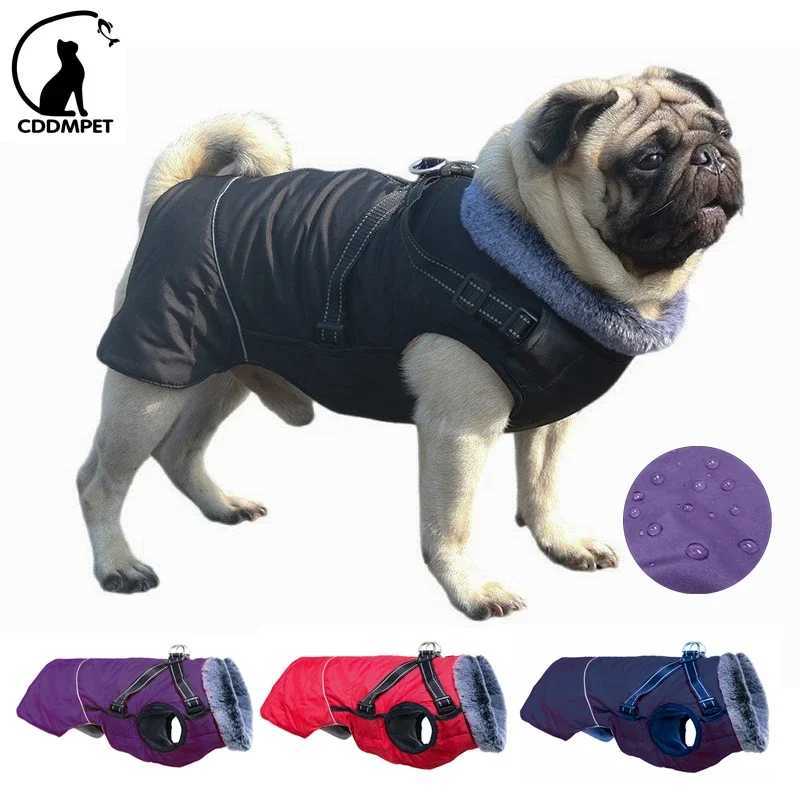 Waterproof Dog Clothes with Harness for Medium Large Dog Winter Warm Fur Collar Pet Dog et Reflective French Bulldog Costume W250904