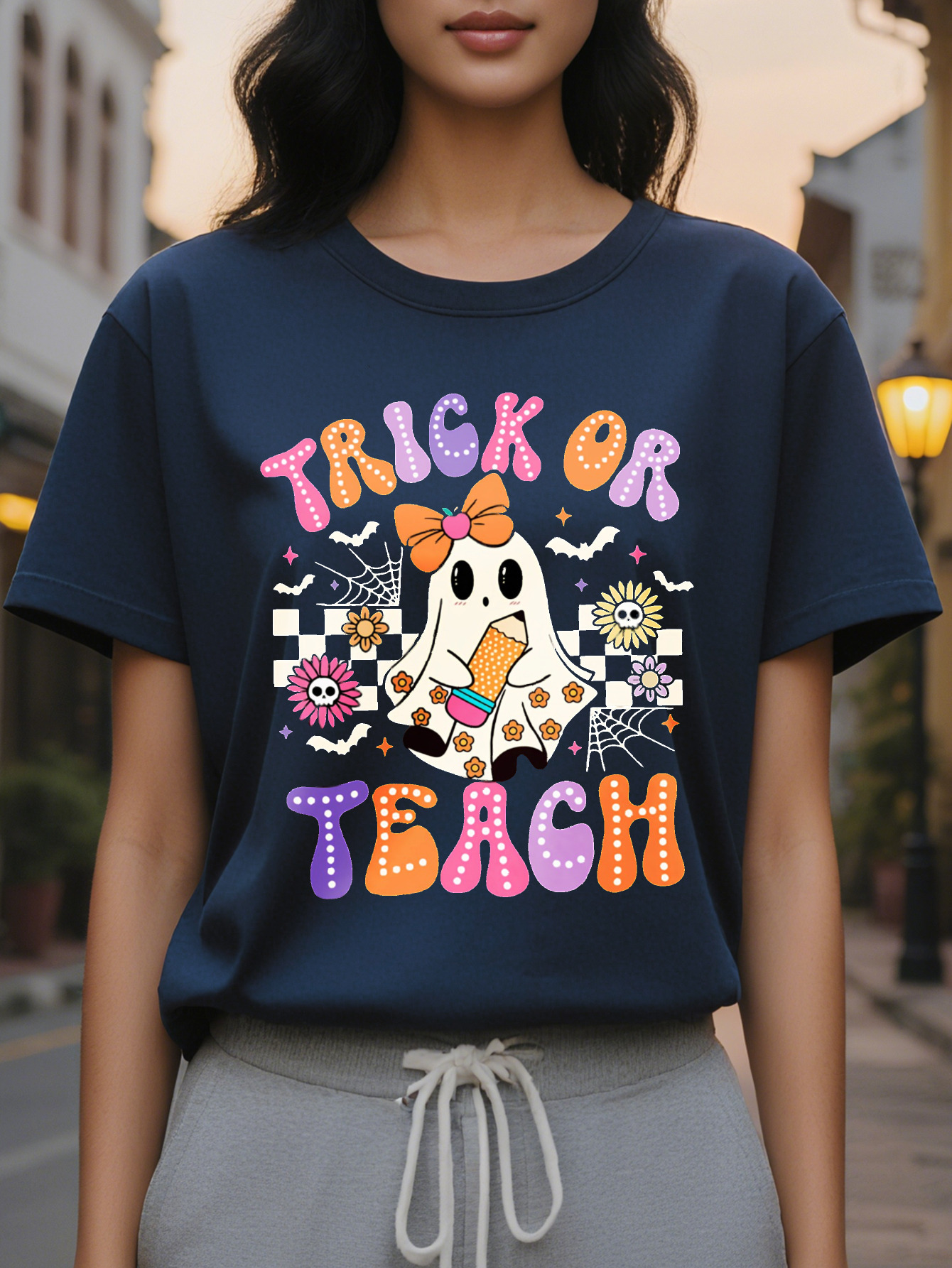 Women's Halloween Banter or Teach Print T-Shirt Cotton Casual Round Neck Short Sleeve Top for Spring Summer