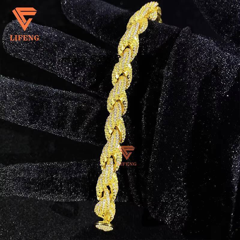 8mm Gold Plated 925 Sterling Silver Rope Chain Bracelet Custom Hip Hop Moissanite Diamond Fine Jewelry Rope Bracelet for Women
