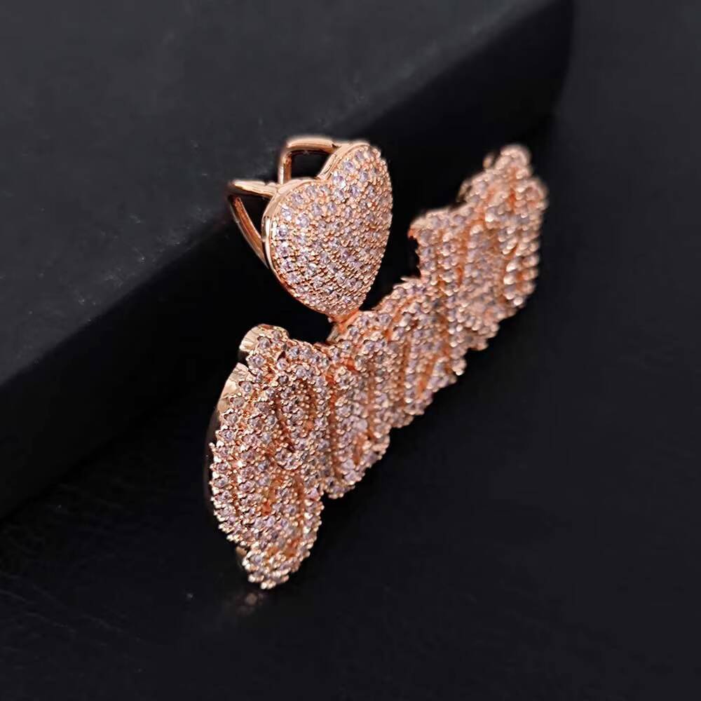 NUOYA Iced Out Moissanite Diamond Letter Pendant Necklace Rose Gold Heart Hook Design Custom Personalized Cursive Name Pendant