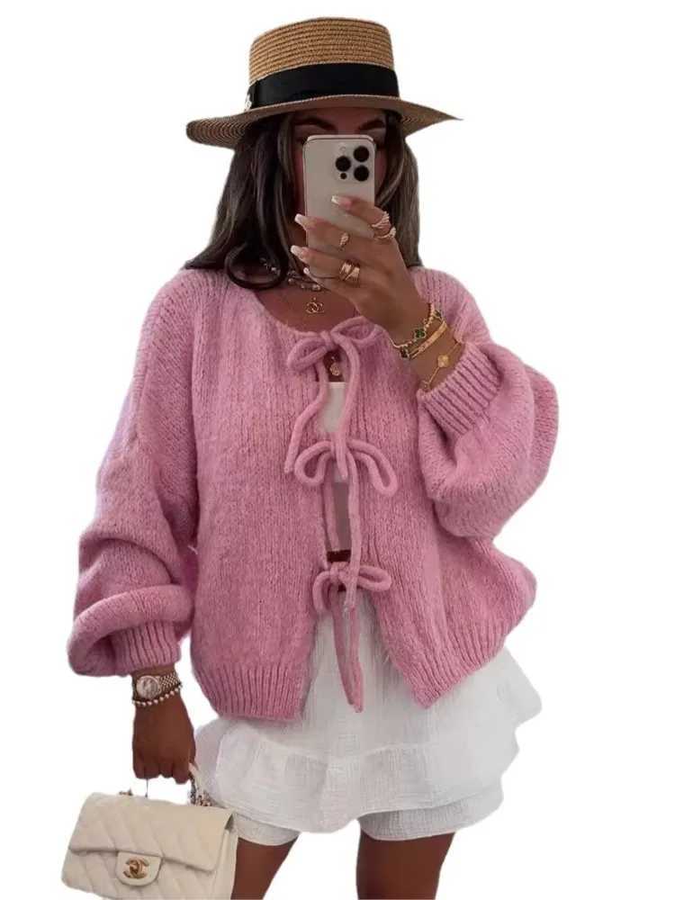 Elegant Sweet Solid Color Knitted Cardigan Women Fashion Simple O Neck Leaceup Knitting Sweaters Coat Lady Commuting Clothing M250904