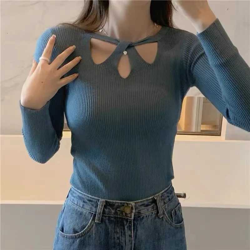 New Autumn and Winter Womens Slim Stretch Sexy Pullover Hollow Solid Color Sweater Slim Bottoming Shirt Sweater Ladies M250904