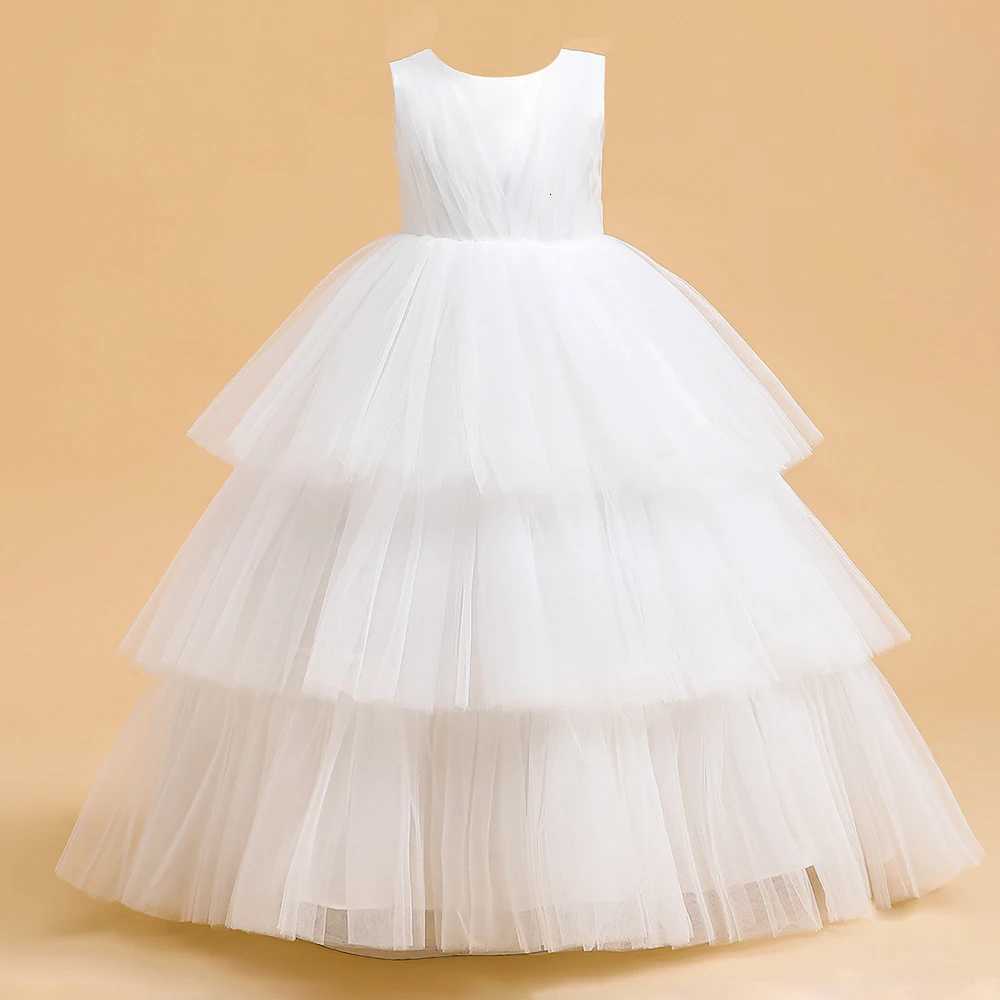 Ceremony Elegant Kids Party Dresses For Girls Children Puffy Tulle White Bridesmaid Dress Flower Girl Birthday Wedding Prom Gown Z250904