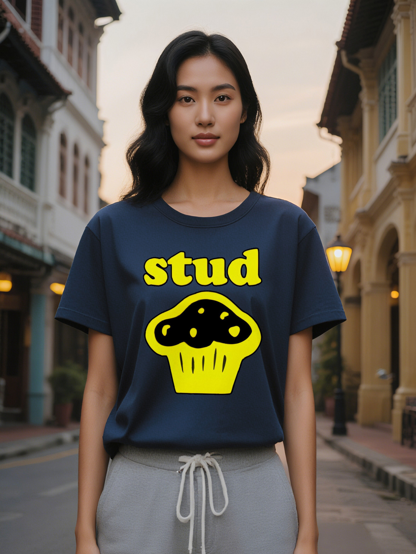 Large XL Lady Graphic T-Shirt Black with Bold Yellow Stud Cupcake Print Round Neck Summer Tee Washable Regular Fit Top Plus Size