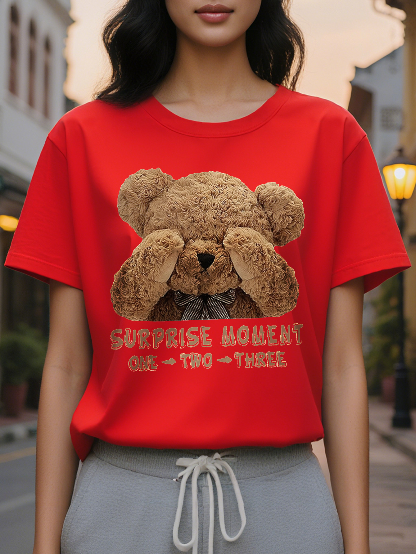 Women S Cute Teddy Bear Graphic T-Shirt Casual Short Sleeve Crew Neck Black with Surprise Moment Design Soft for