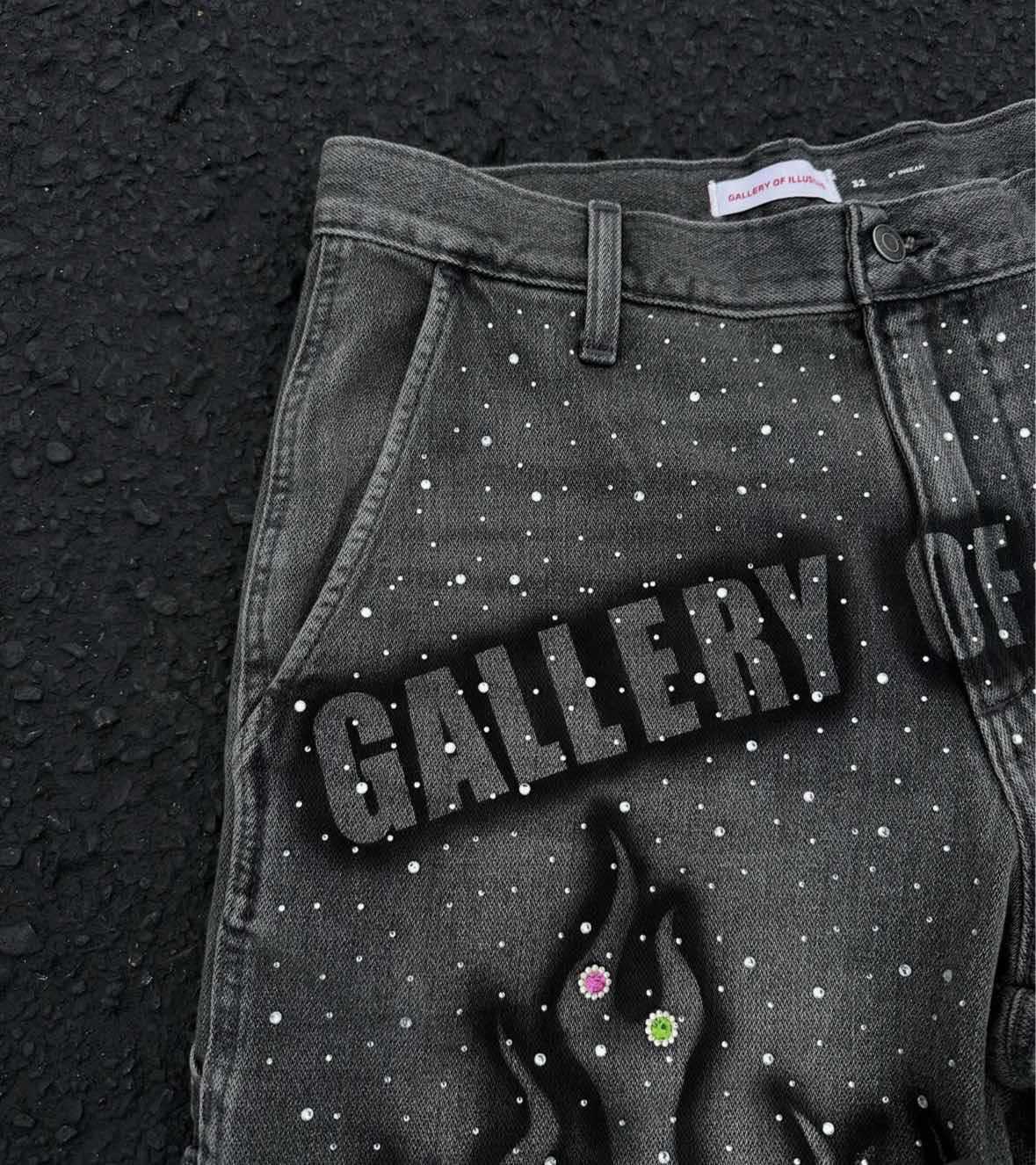 Men's Shorts Tassel Flame Print Pattern Rhinestone Butterfly Decoration Loose Denim Retro American Street Men Women Fashion Jeans