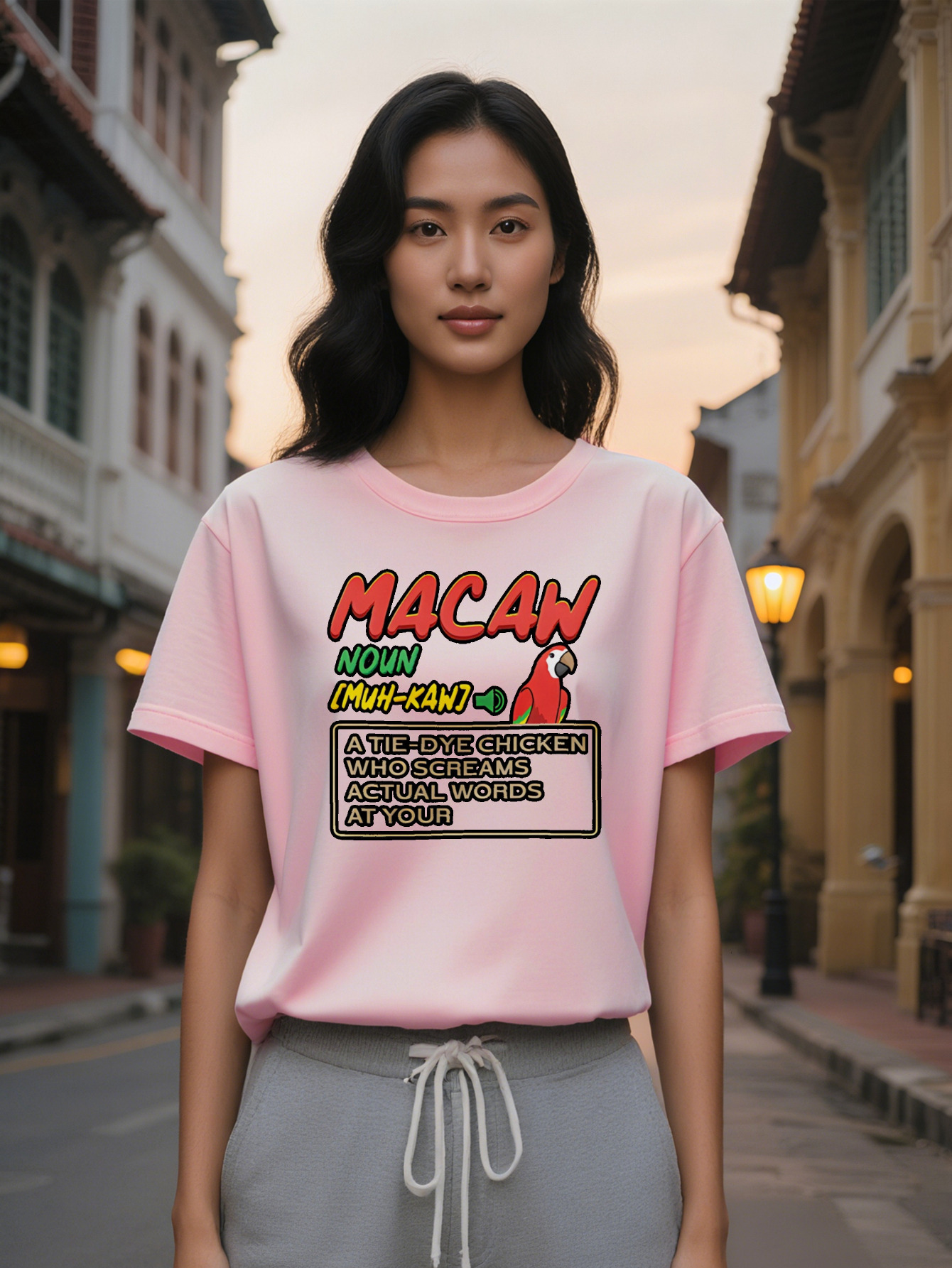 Lady Casual Crew Neck T-Shirt with Vibrant Print AW Text Colorful Parrot Design Perfect for Summer Everyday Tshirt