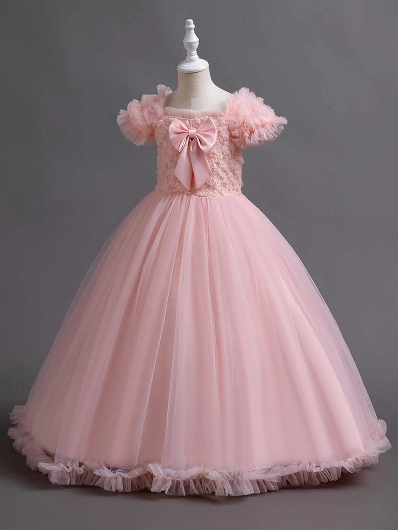 Pink girl big bow long dress for birthday outfits worn by girls aged 3 to 12 at parties Z250904