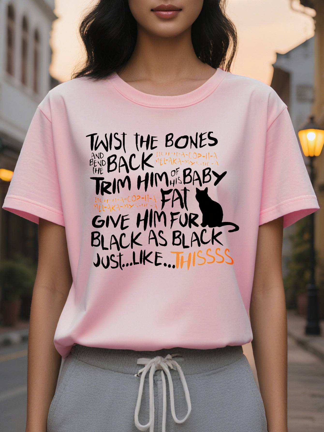 Large XL Women S Crew Neck T-Shirt with Playful Cat Print Twist Bones and Back the Funny Design Short Sleeve Cotton Perfect Plus Size