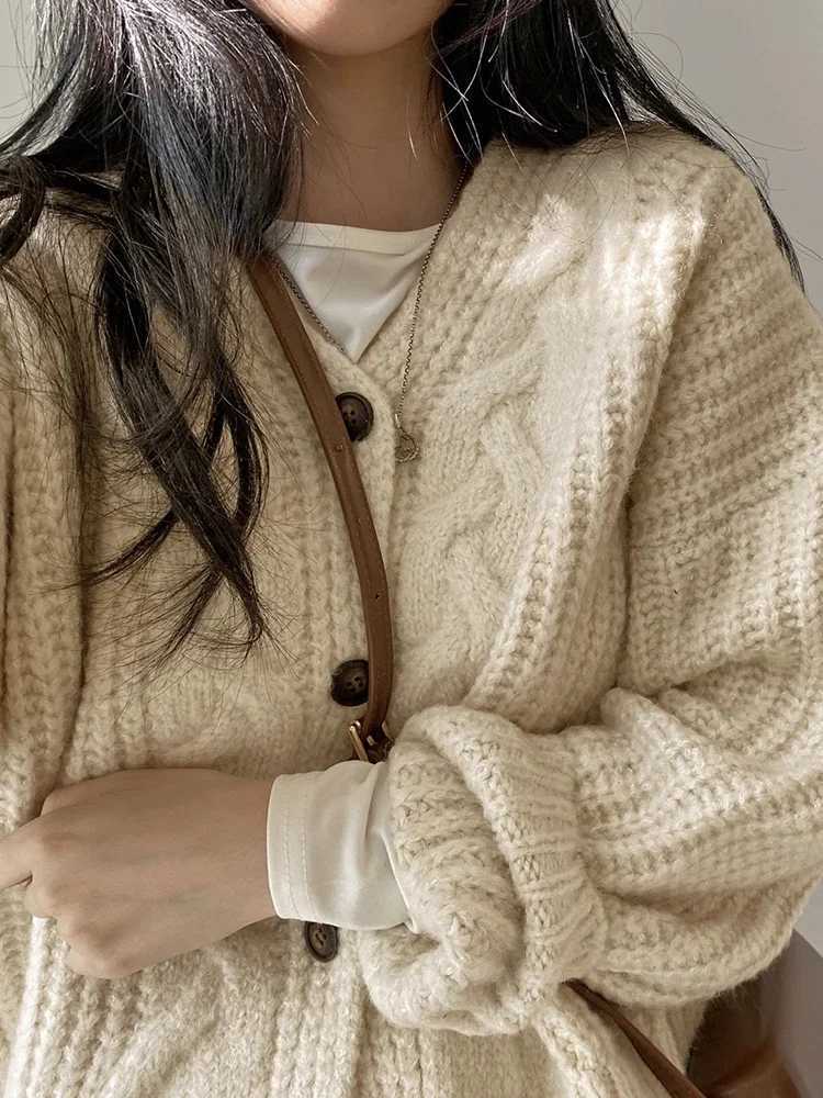 Korean Thick Women Cardigan Knitted Sweater Autumn Winter chic Loose Long Sleeve Tops Simple Solid sweater jacket for Female M250904