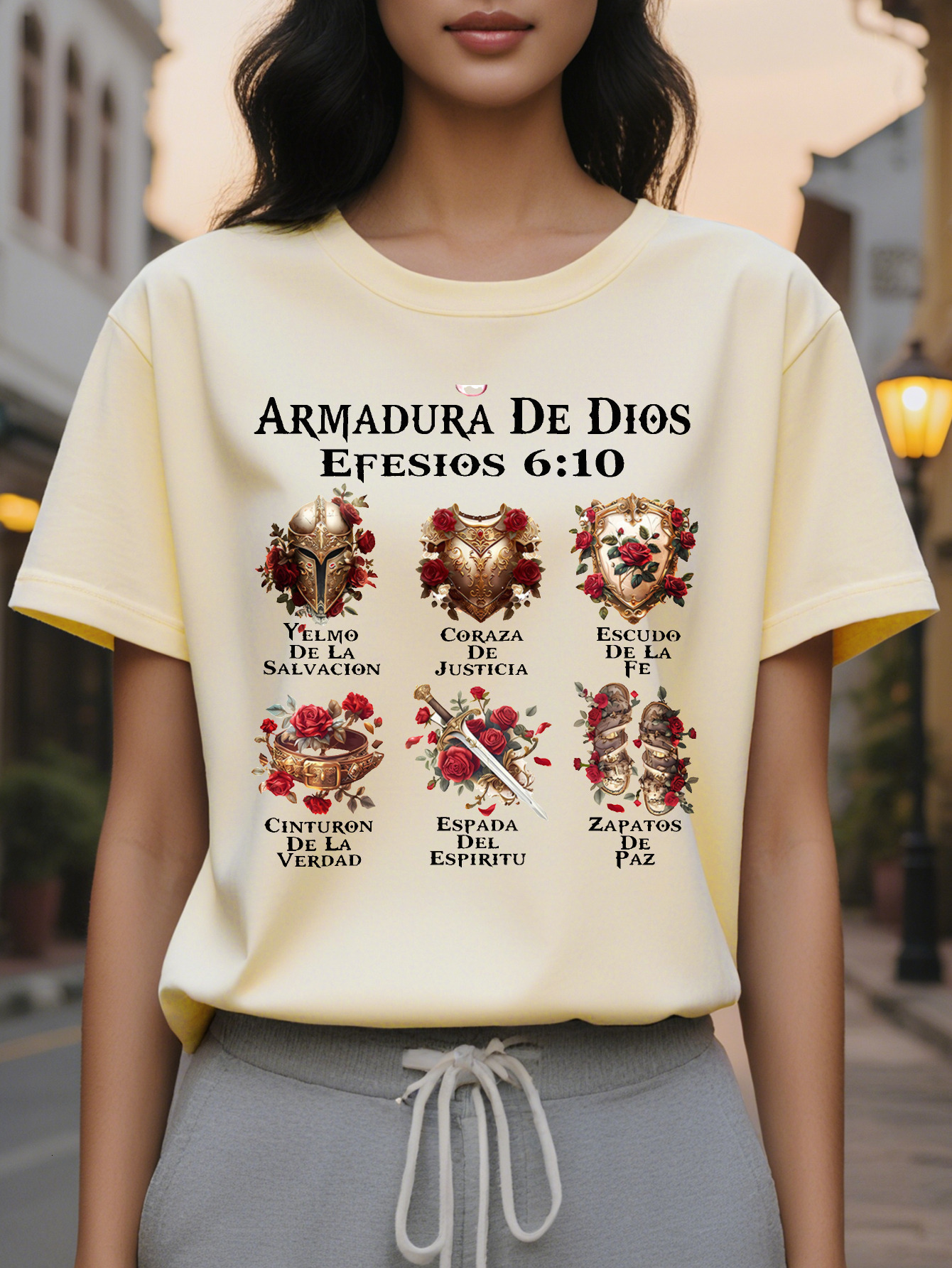 Women s Casual Short Sleeve T Shirt White Religious Spanish Scripture Armor Printed Stretchy Round Neck Top