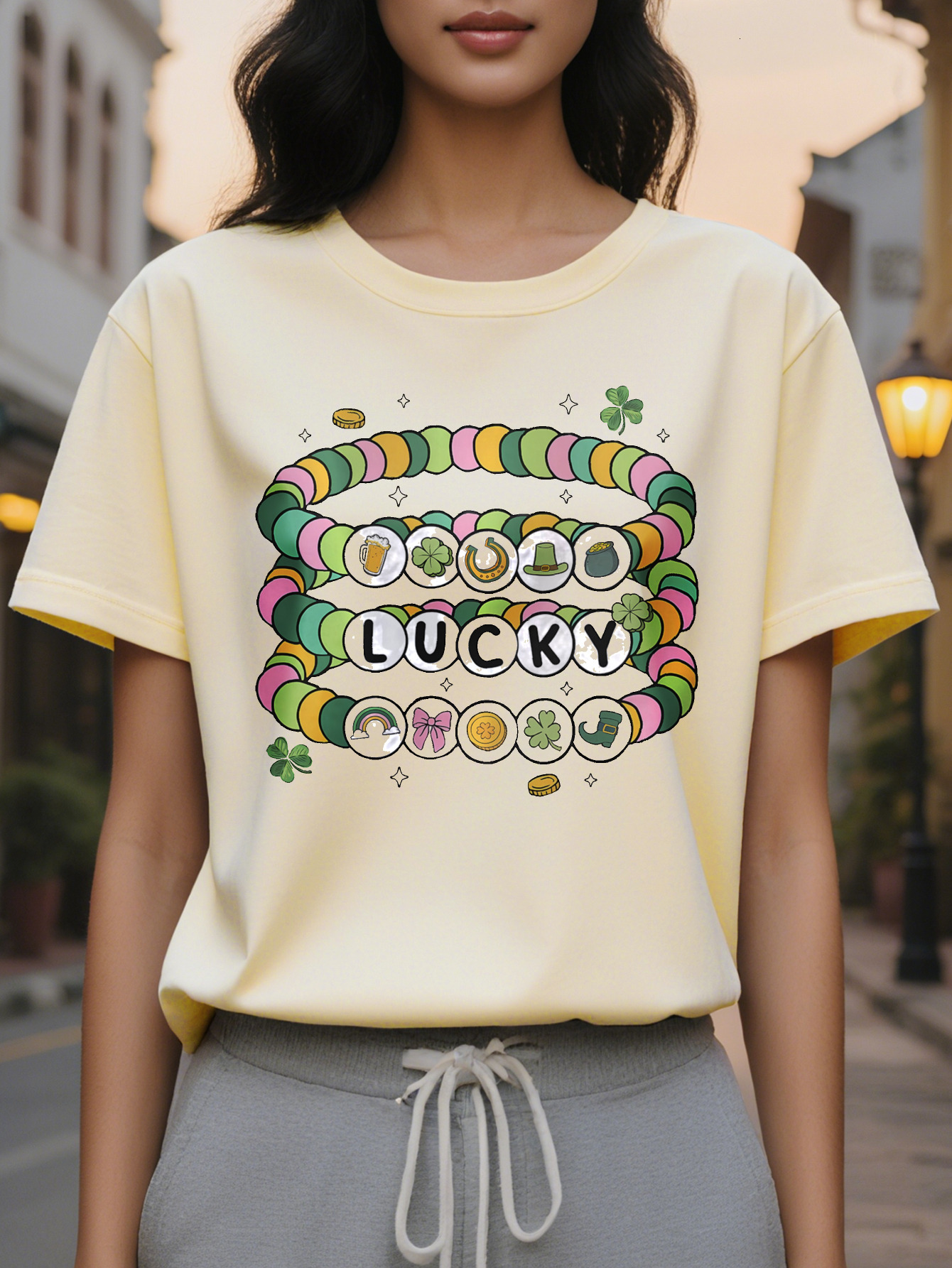 100% Linen Cotton St Patrick s Day Lucky Pattern T Shirt Casual Round Neck Short Sleeve Top with Colorful Beaded Bracelet Design