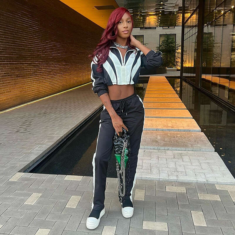 2025 Spring Patchwork Color Block Zipper Long Sleeve Short Jacket + High Waist Straight Pants Casual Fashion Two-Piece Set