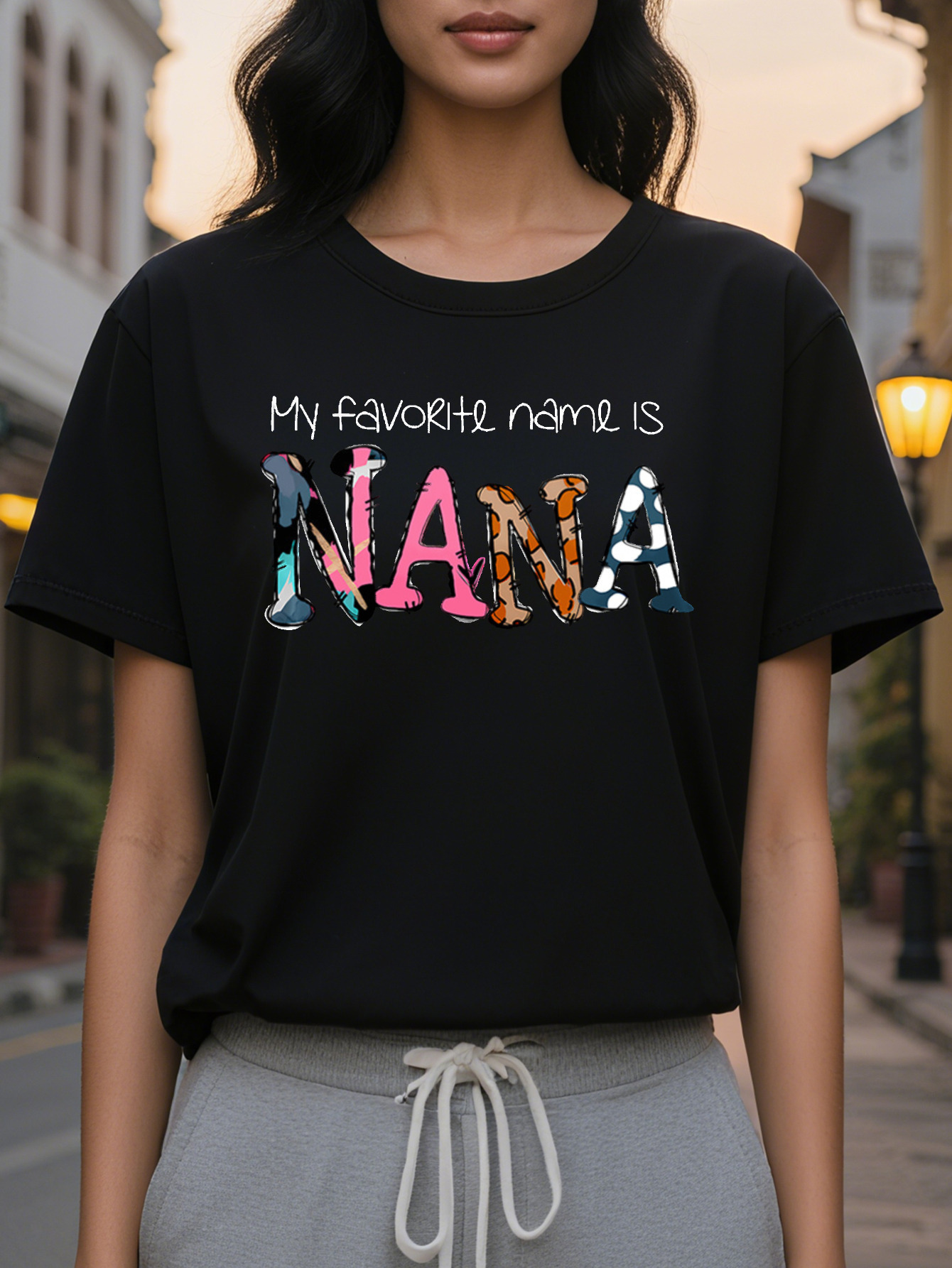 Women's casual sleeve T-shirt printed with the word NANA, spring and autumn slim top cotton