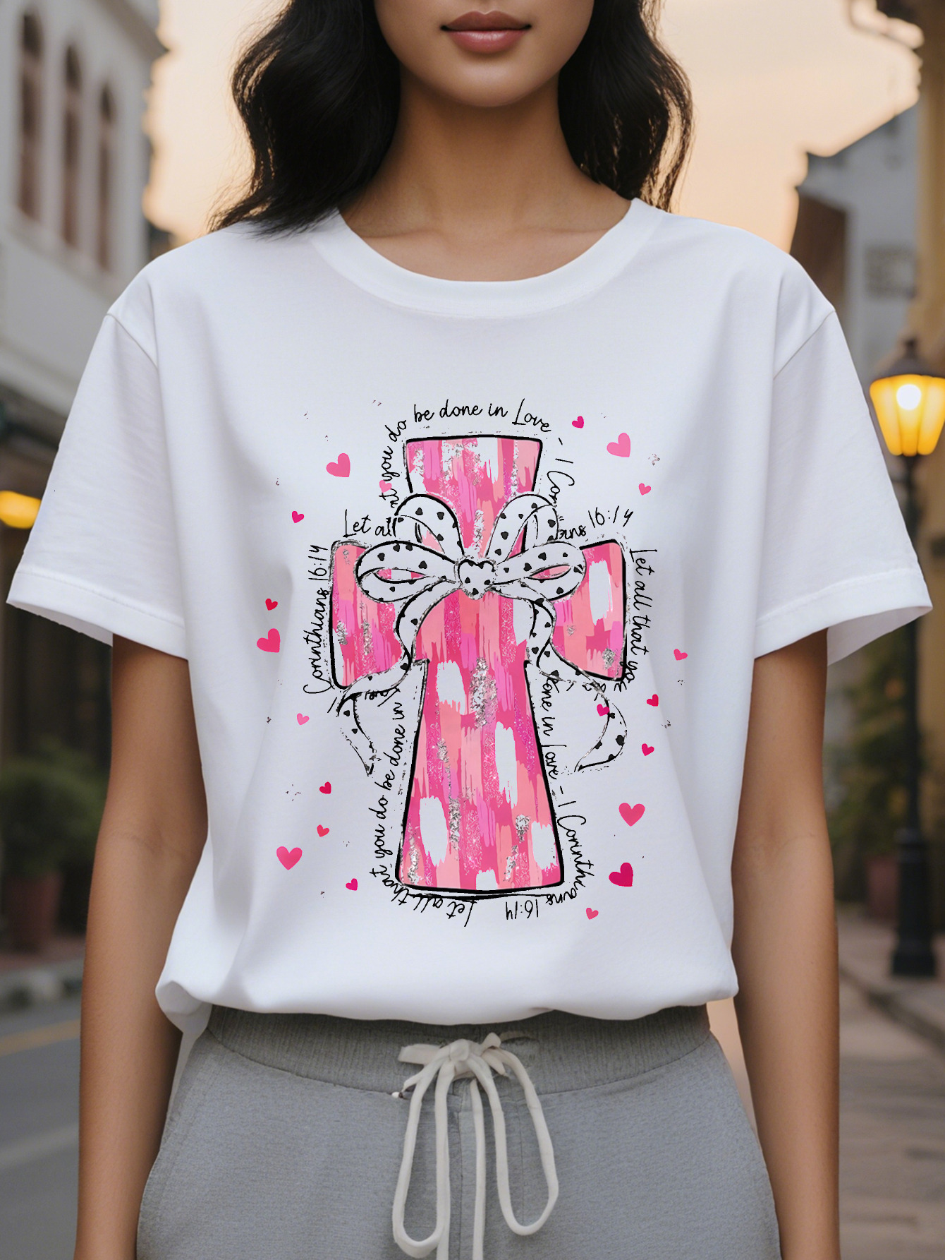 Women's Elegant Christian T-Shirt Short Sleeve Round Neck Regular Length Spring Summer Casual Top with Cross Design