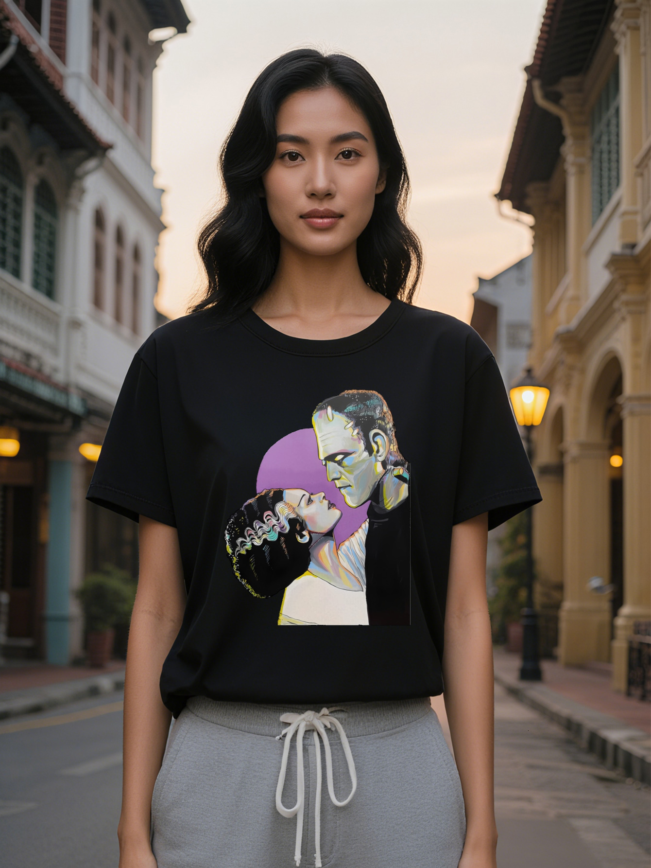 Lady Casual Graphic T-Shirt Frankenstein Bride Monster Print Black Round Neck Summer Tee Washable Pop Culture