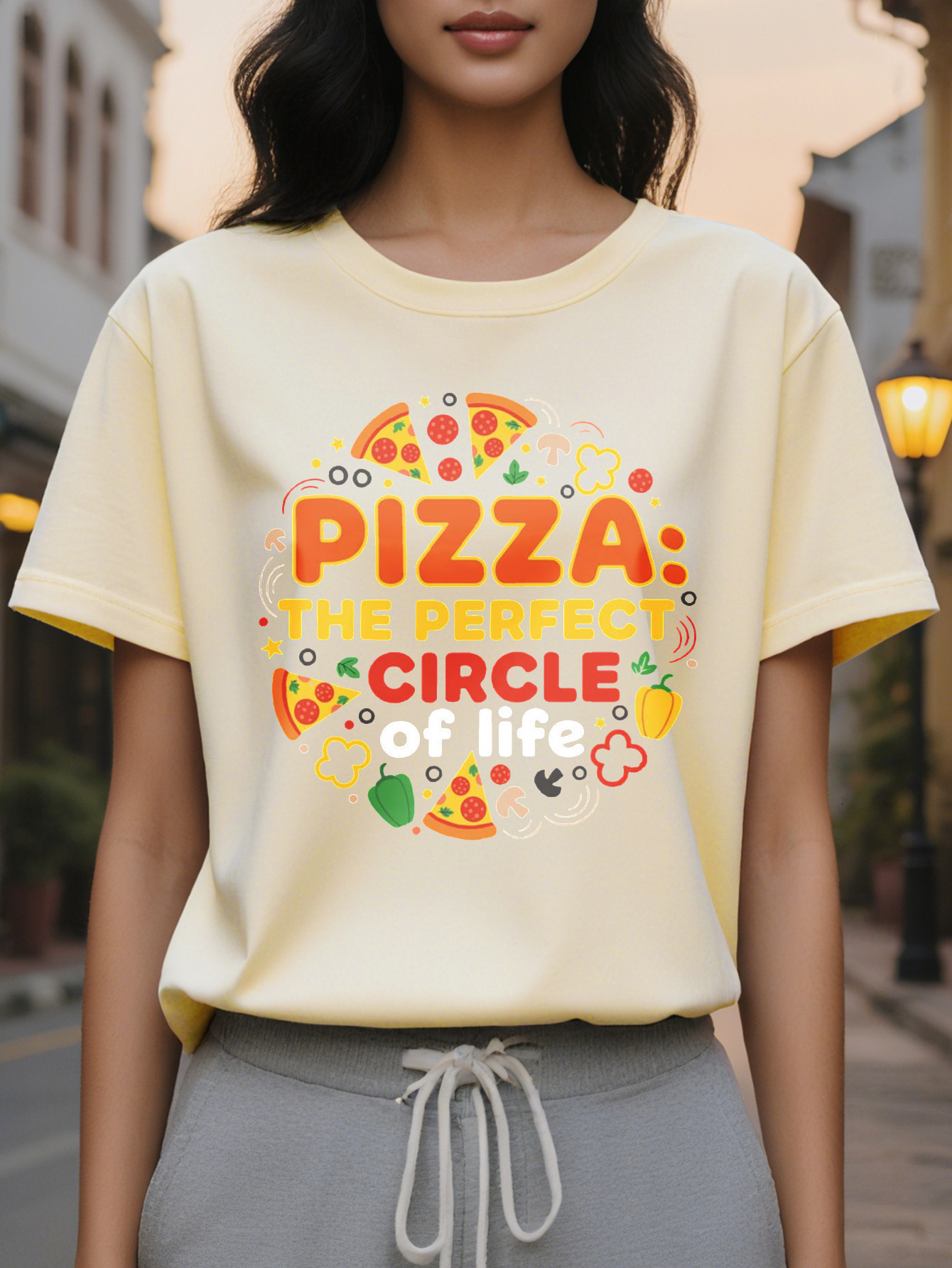 Black Lover Pattern Pizza Life s Perfect Circle Funny T-Shirt Pieces Design Women's Soft Everyday