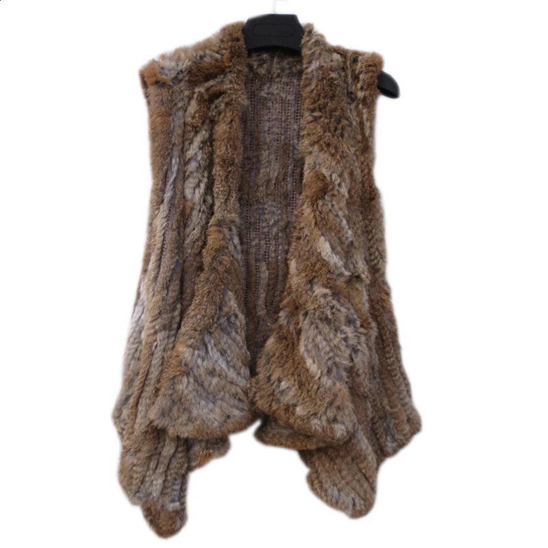 Harppihop Rabbit Fur Vest Women Knitted Rabbit Fur Gilet Handmade Knitted Female Trend Fur Vest Nature Waistcoat Export Fur 250823