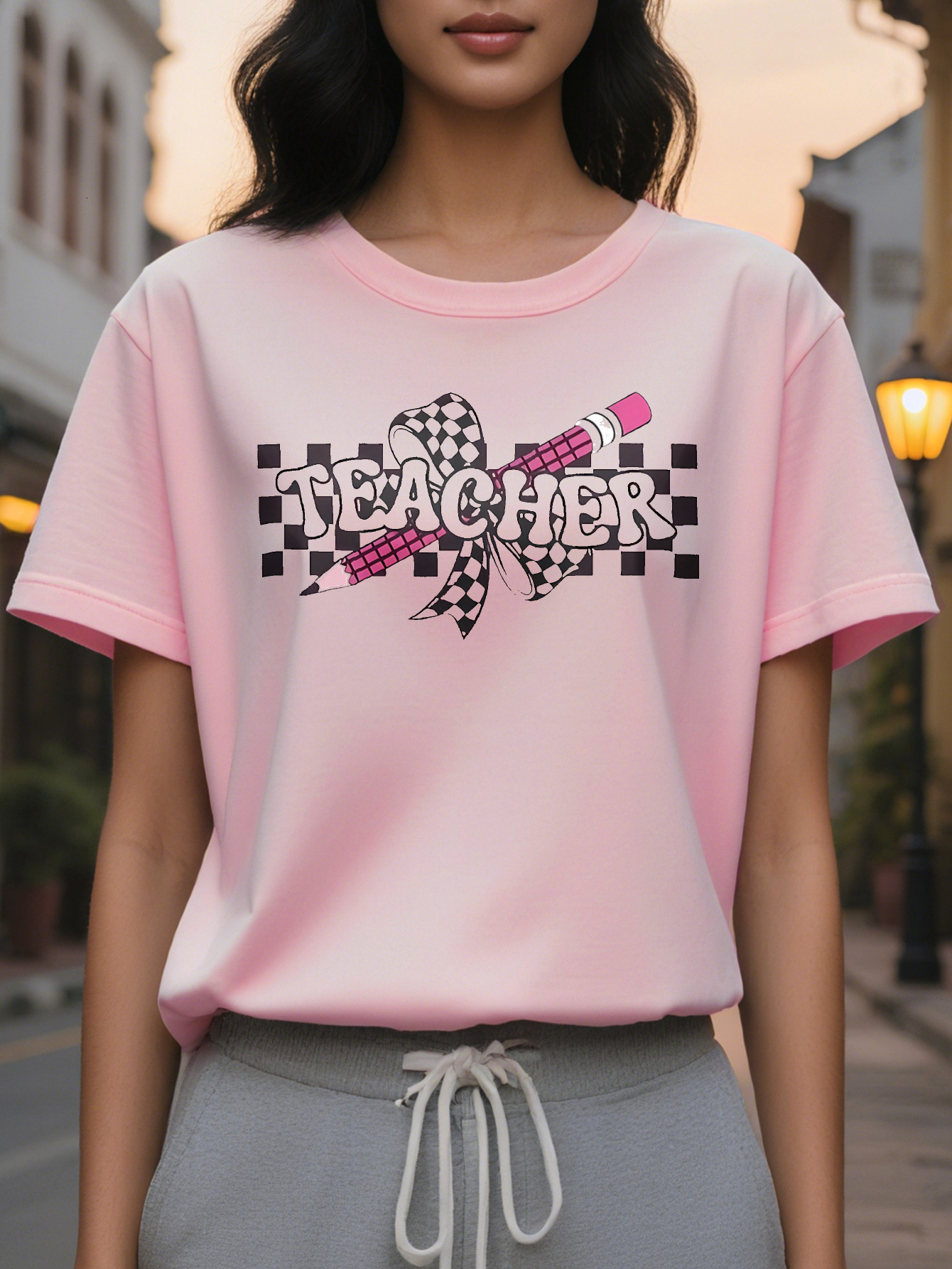 Women's Elegant Teacher Graphic Short Sleeve T-Shirt Soft Stretch Round Neck Casual Top Check Pencil Design Breathable