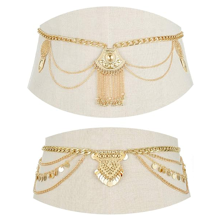 2 PCS Waist Belt Chain Vintage Dangle Dancing Tassel Body Chain Bikini Beach Body Jewelry for Women Gold Tone