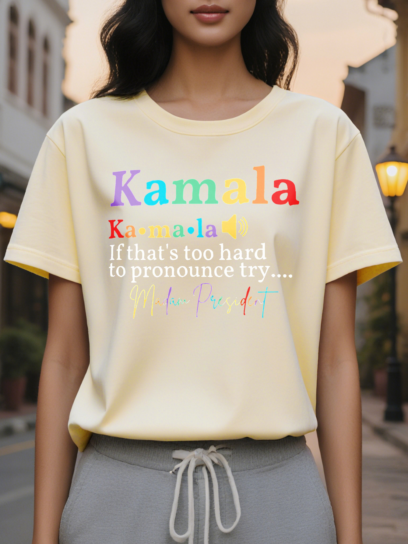 Large XL Women's Short Sleeve Crew Neck T-Shirt Vibrant Multicolor Kamala Letter Print with Playful Sound Effects Breathable Plus Size