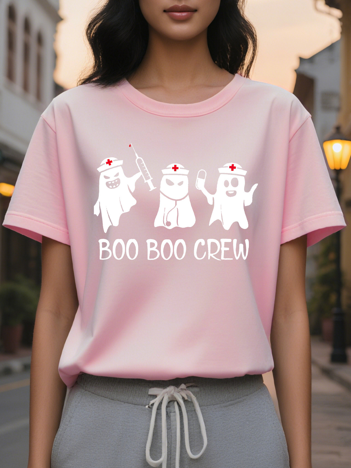 Large XL Women S Nurse Graphic T-Shirt Playful Ghosts BOO Slogan Print Soft Round Neck Tee for SpringSummer Comfortable Plus Size