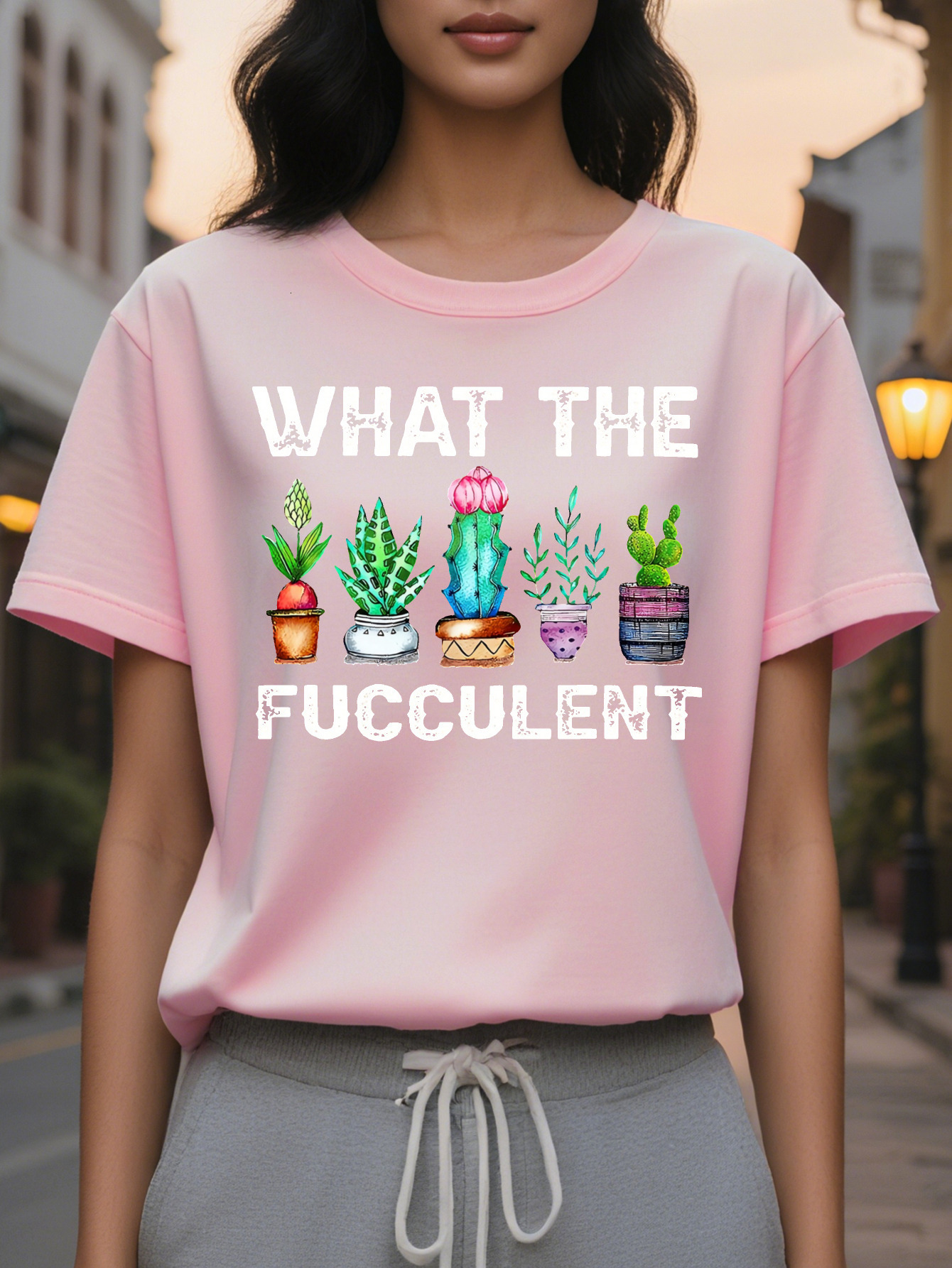 Large XL Playful Olive Green Women's Casual Short Sleeve T-Shirt What The Fucculent Graphic Print With Potted Plants Medium Plus Size